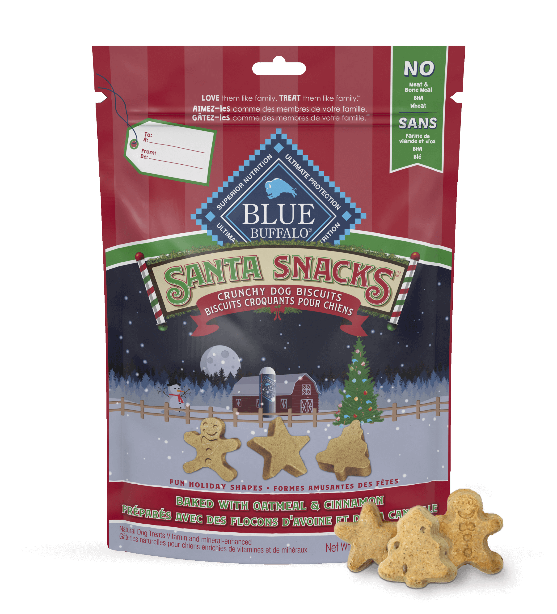 A pack of BLUE Santa Snacks Crunchy Biscuits is behind a few Santa Snacks in shapes of a star, a Christmas tree and a gingerbread man.