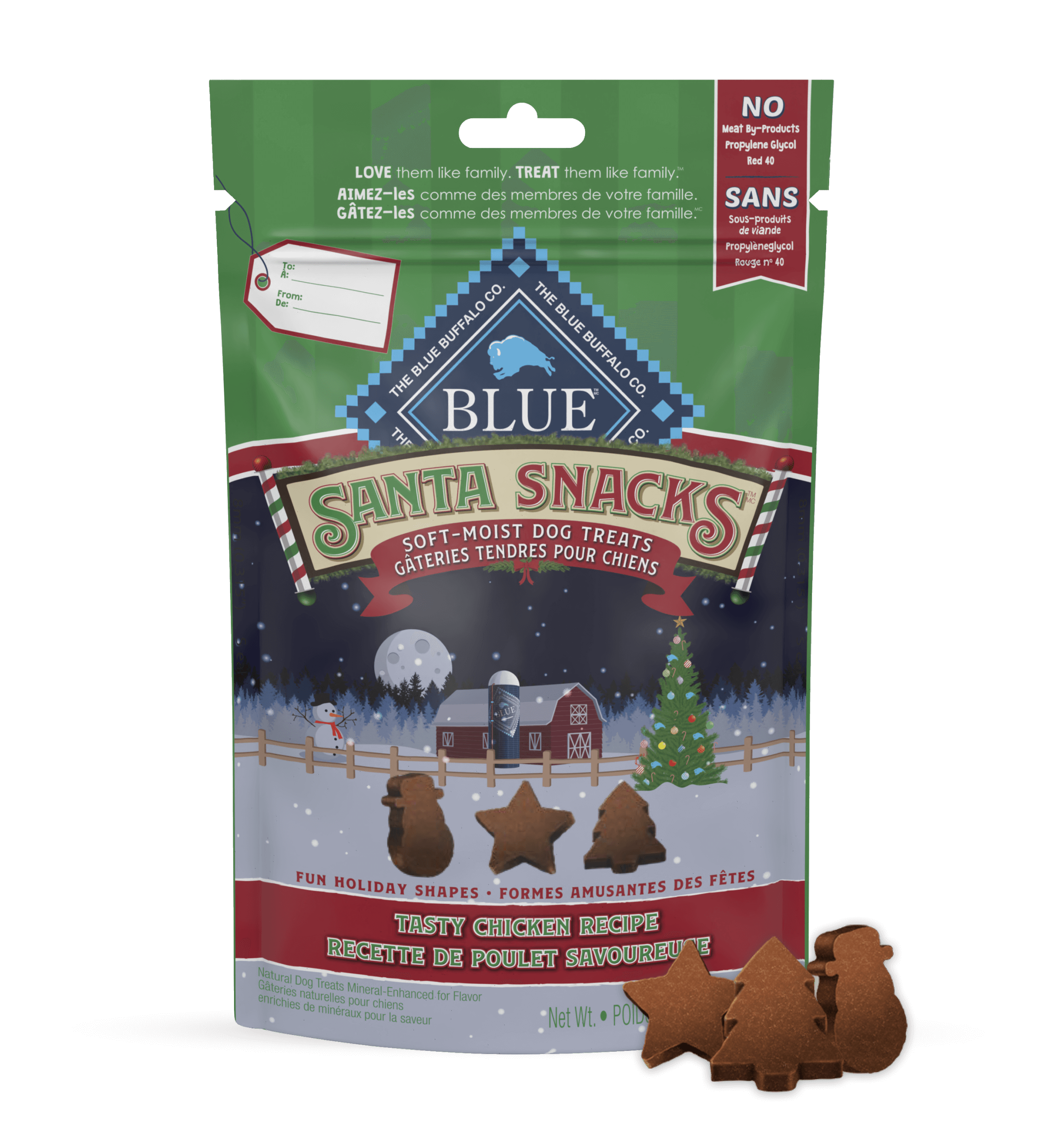 A pack of BLUE Santa Snacks Bits is behind a few Santa Snacks Bits in shapes of a star, a Christmas tree and a snowman.