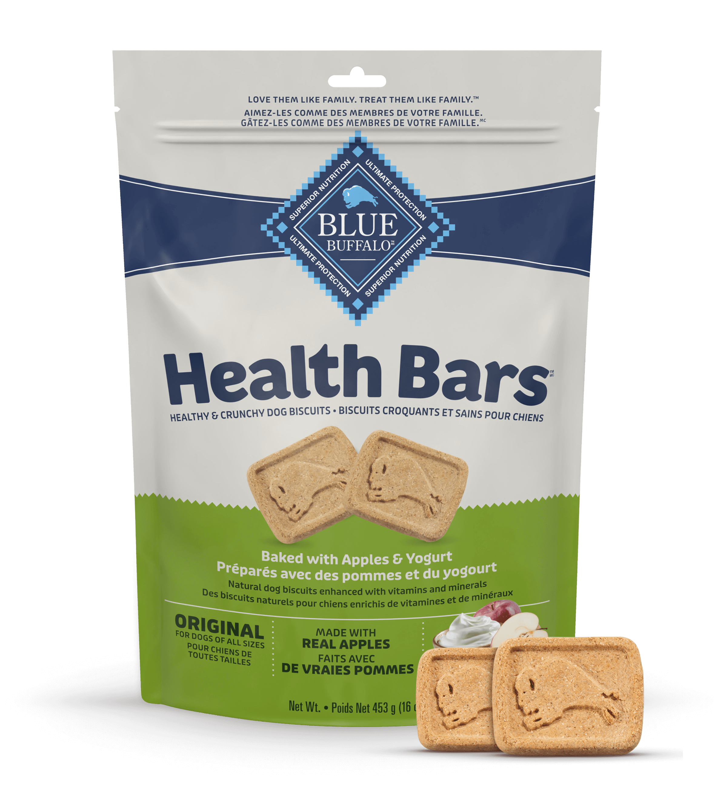 A package of Blue Buffalo Health Bars for dogs, baked with apples and yogurt, showcasing biscuits on the front.