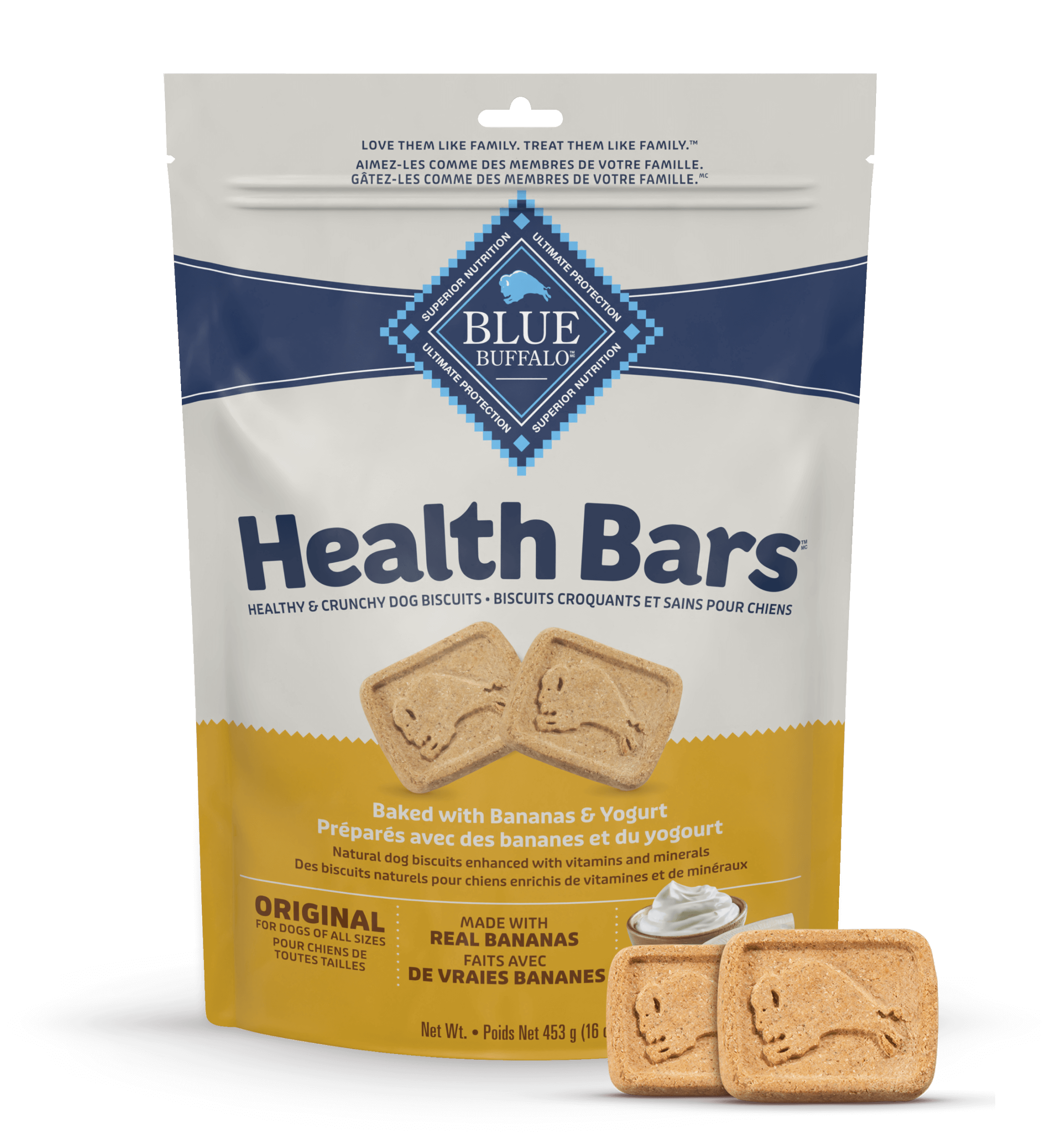 A package of Blue Buffalo Health Bars, baked dog treats with bananas and yogurt, suitable for all sizes of dogs.