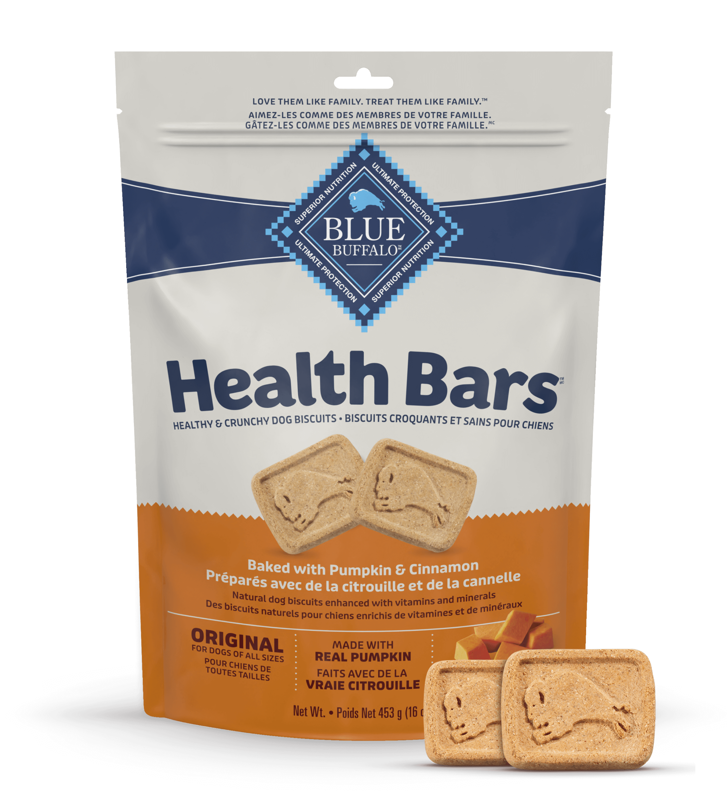 A package of Blue Buffalo Health Bars, baked dog biscuits with pumpkin and cinnamon, emphasizing natural ingredients and suitable for dogs of all sizes.