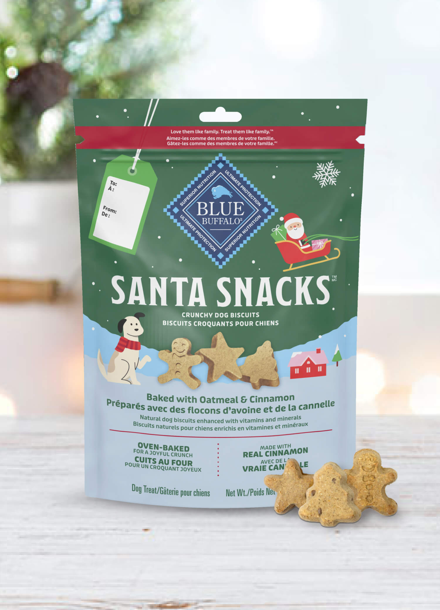 Blue Buffalo Santa Snacks dog treats package with oatmeal and cinnamon