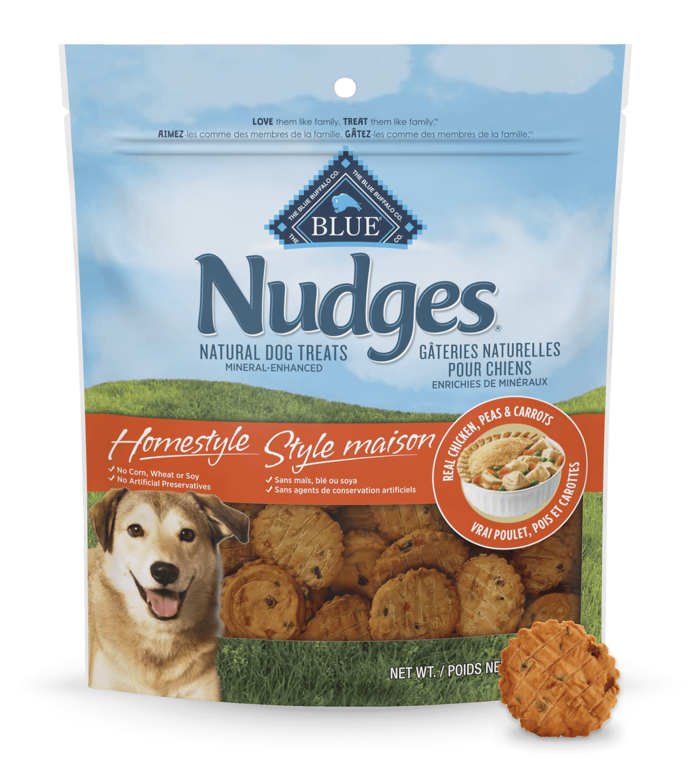 blue nudges gâteries homestyle avec du vrai poulet, des petits pois et des carottes chien gateries