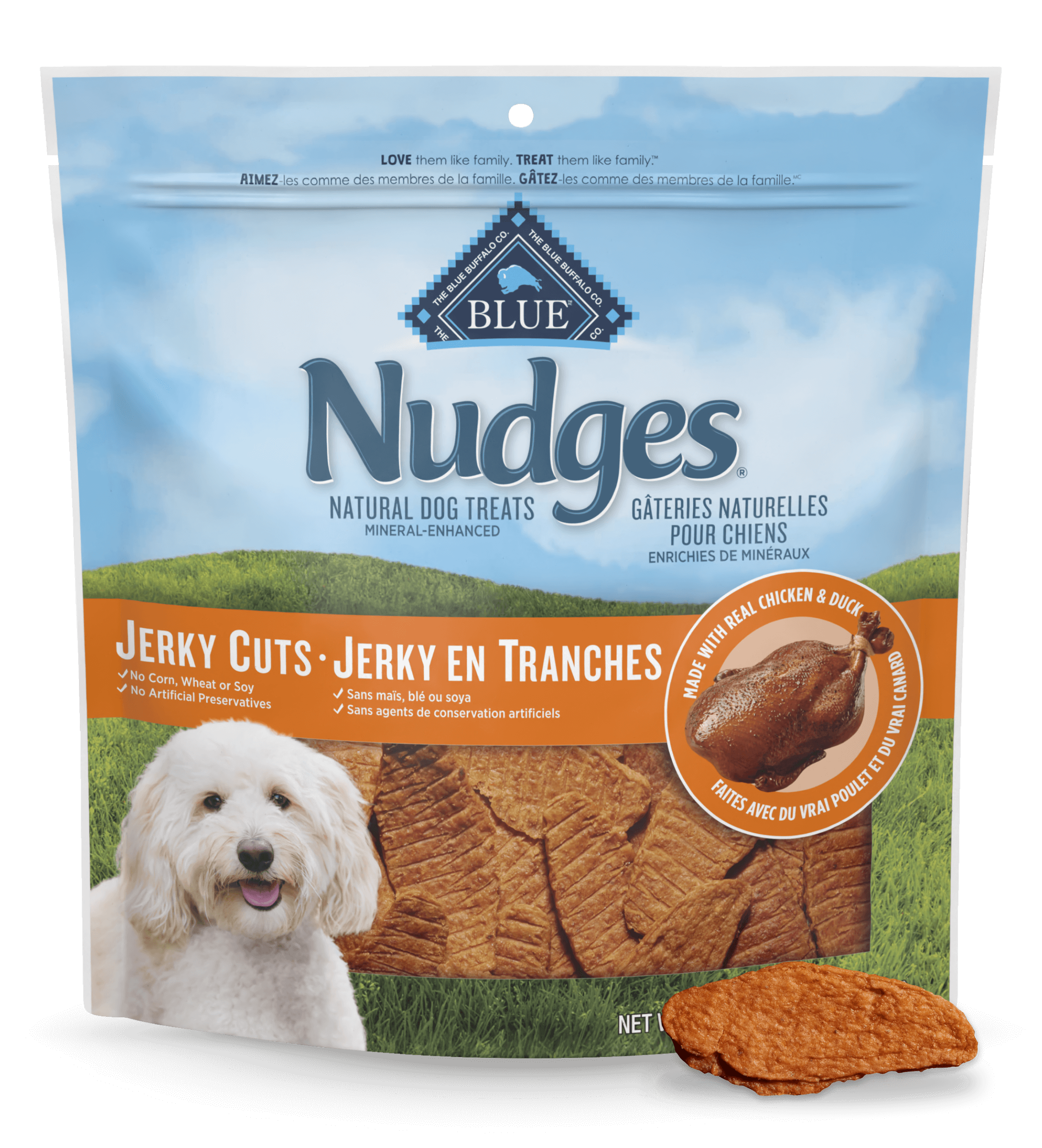 blue nudges protein-packed chicken & duck jerky cuts dog treats
