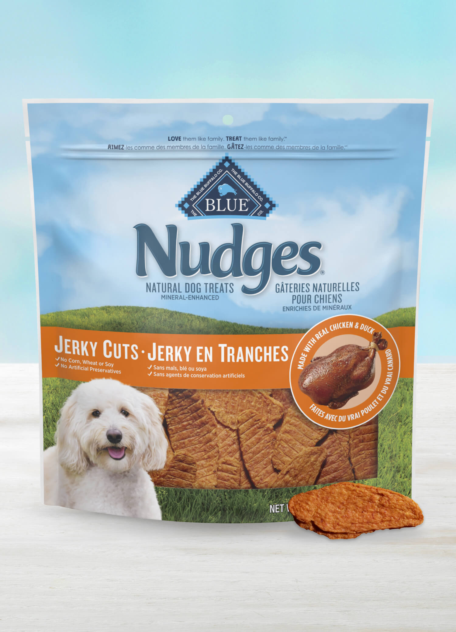 blue nudges protein-packed chicken & duck jerky cuts dog treats