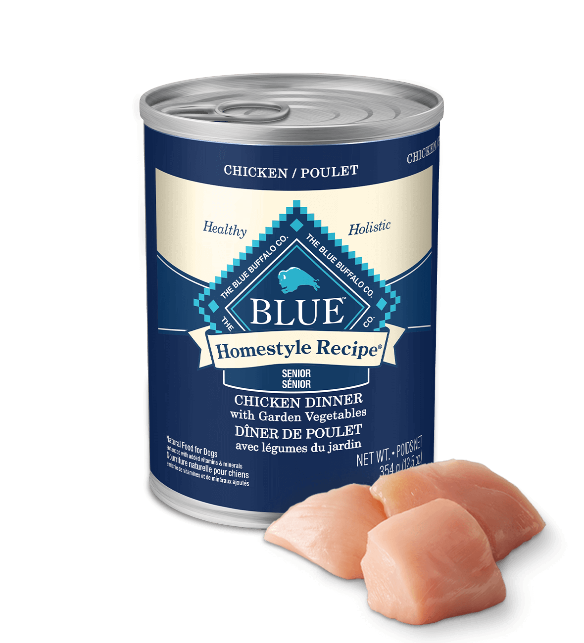 blue homestyle recipe senior chicken dinner with garden vegetables dog wet food