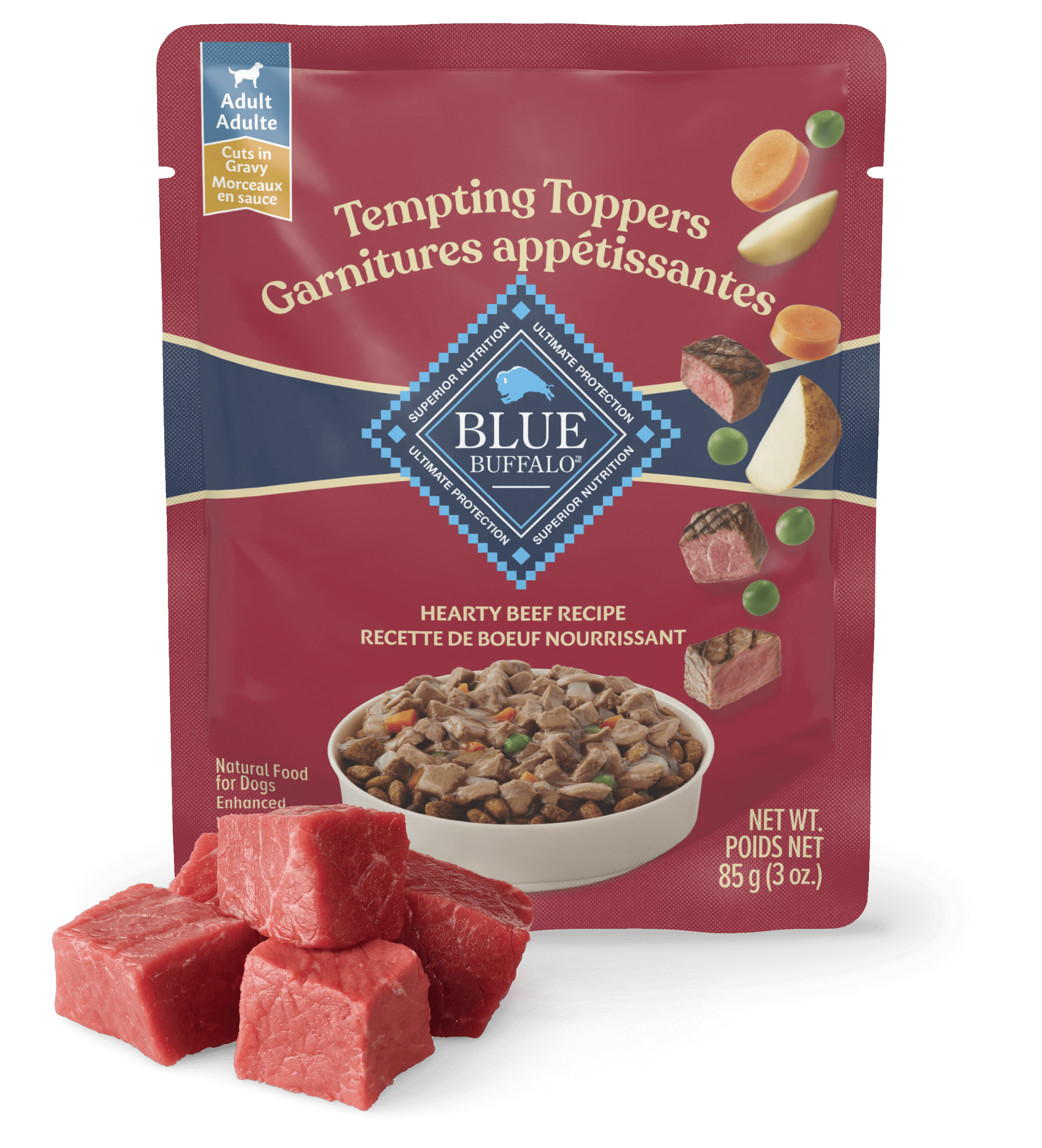 A bag of Blue Tempting Topper Hearty Beef Recipe wet dog food