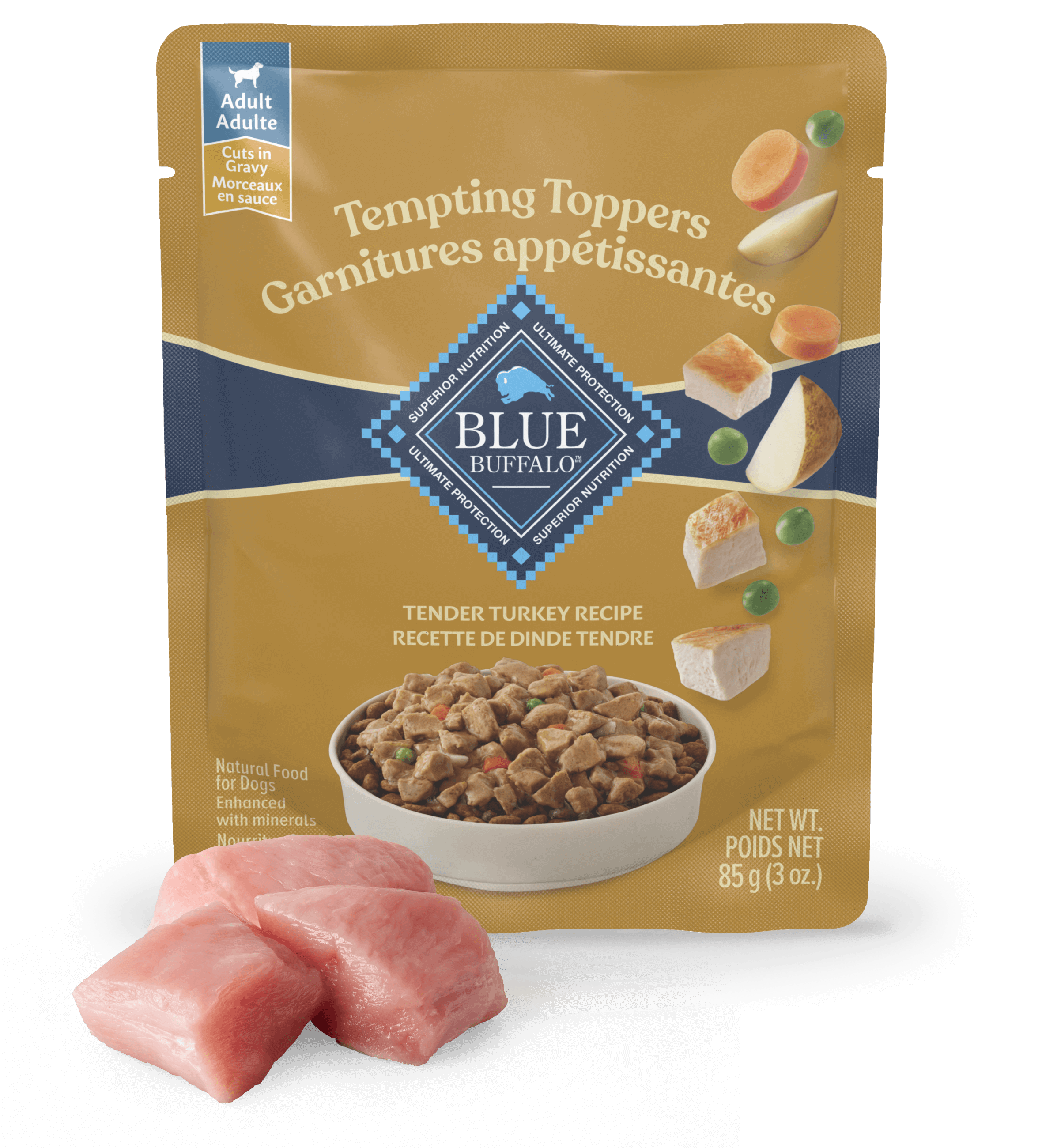 A bag of Blue Tempting Topper Tender Turkey Recipe wet dog food