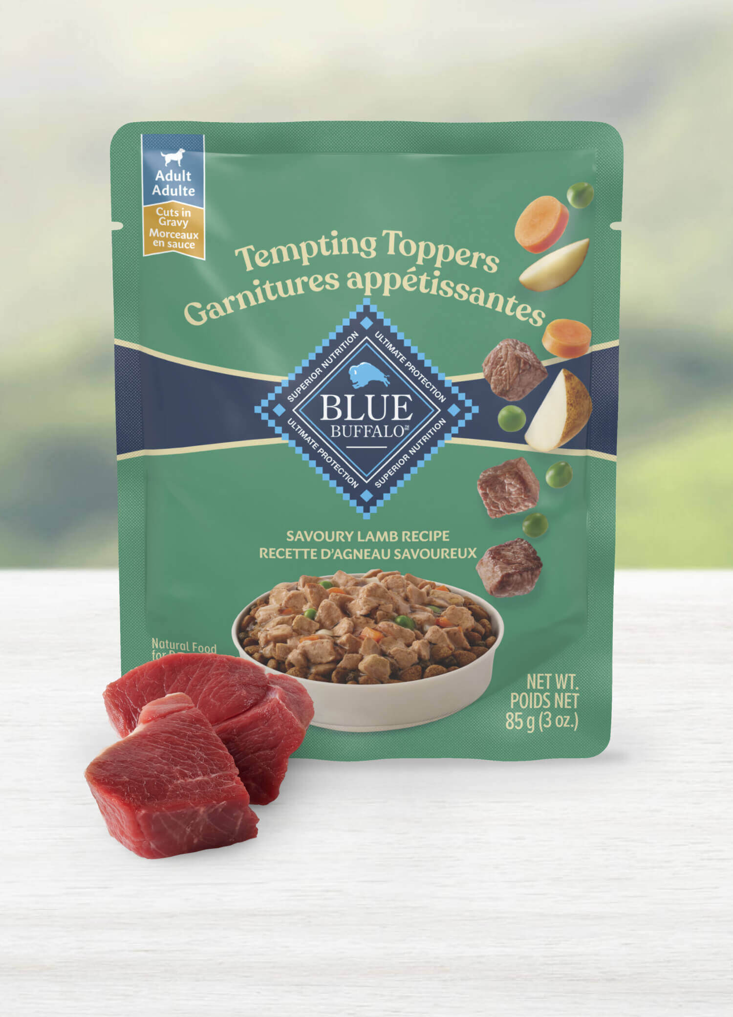 A bag of Blue Tempting Topper Savoury Lamb Recipe wet dog food
