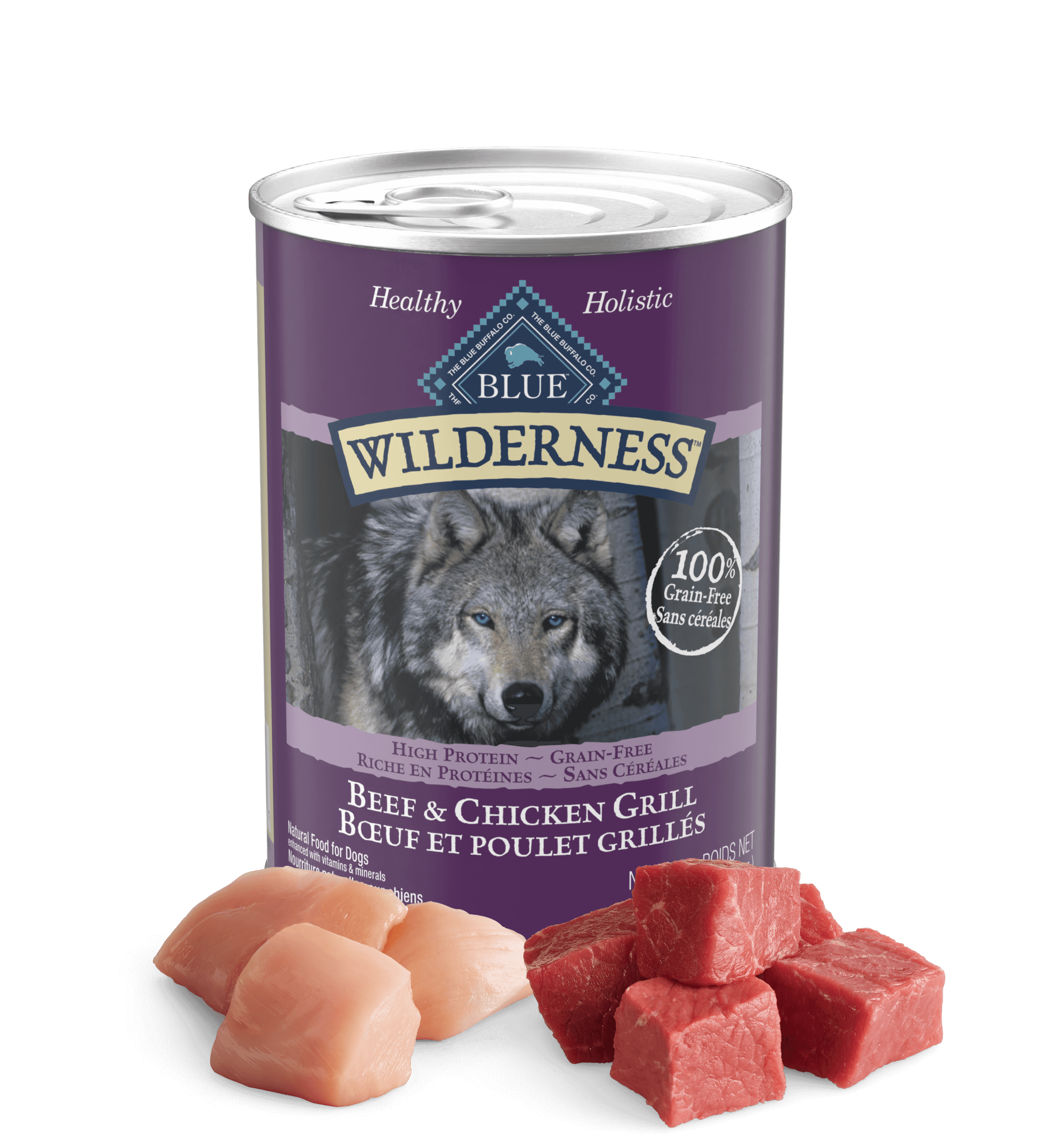 A can of Wilderness Adult Dog Beef & Chicken Grill dog wet food
