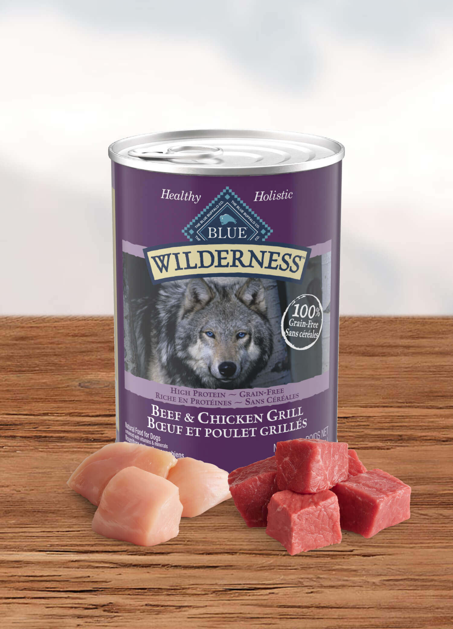 A can of Wilderness Adult Dog Beef &amp; Chicken Grill dog wet food
