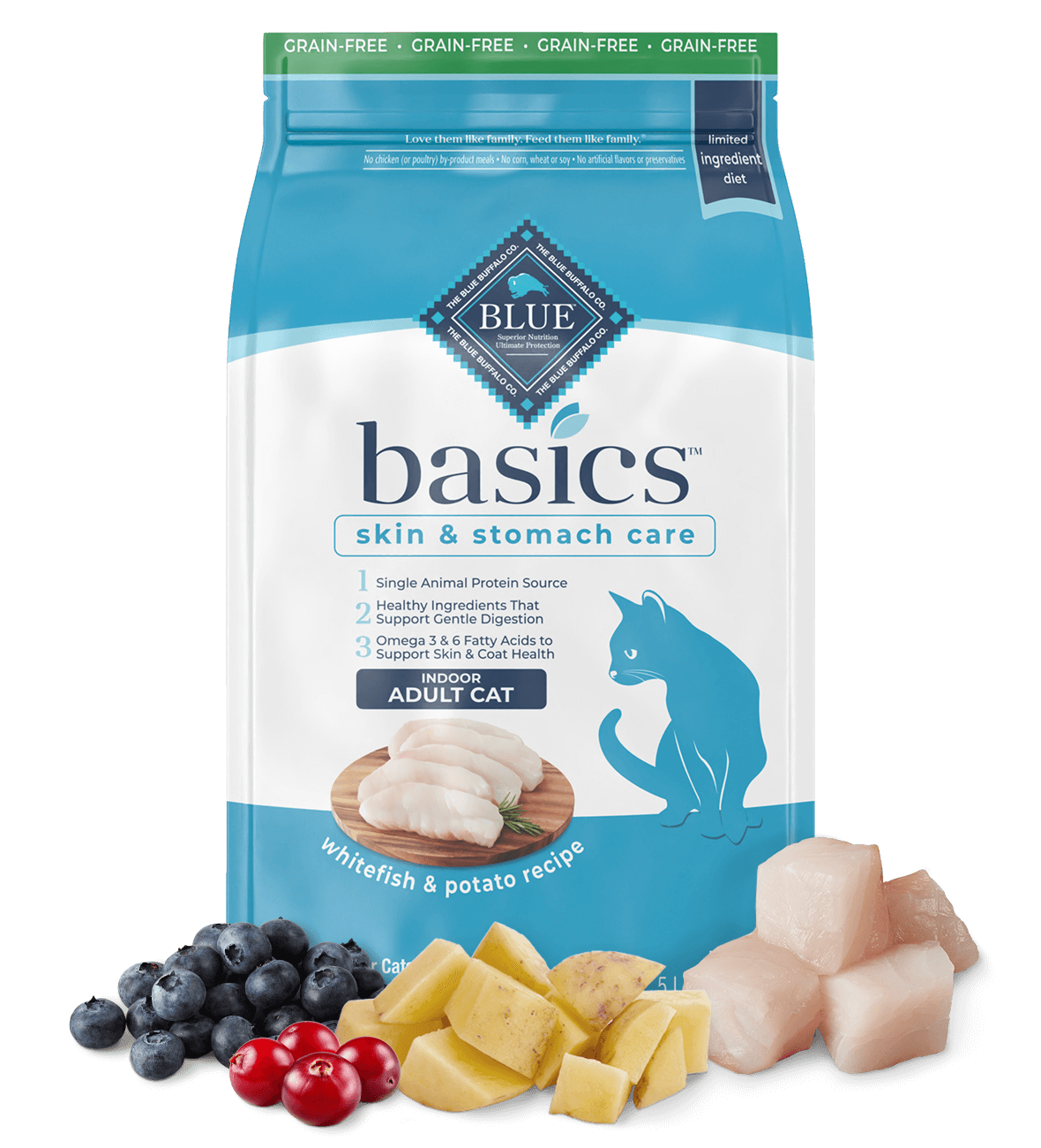 blue basics adult grain-free fish and potato recipe cat dry food