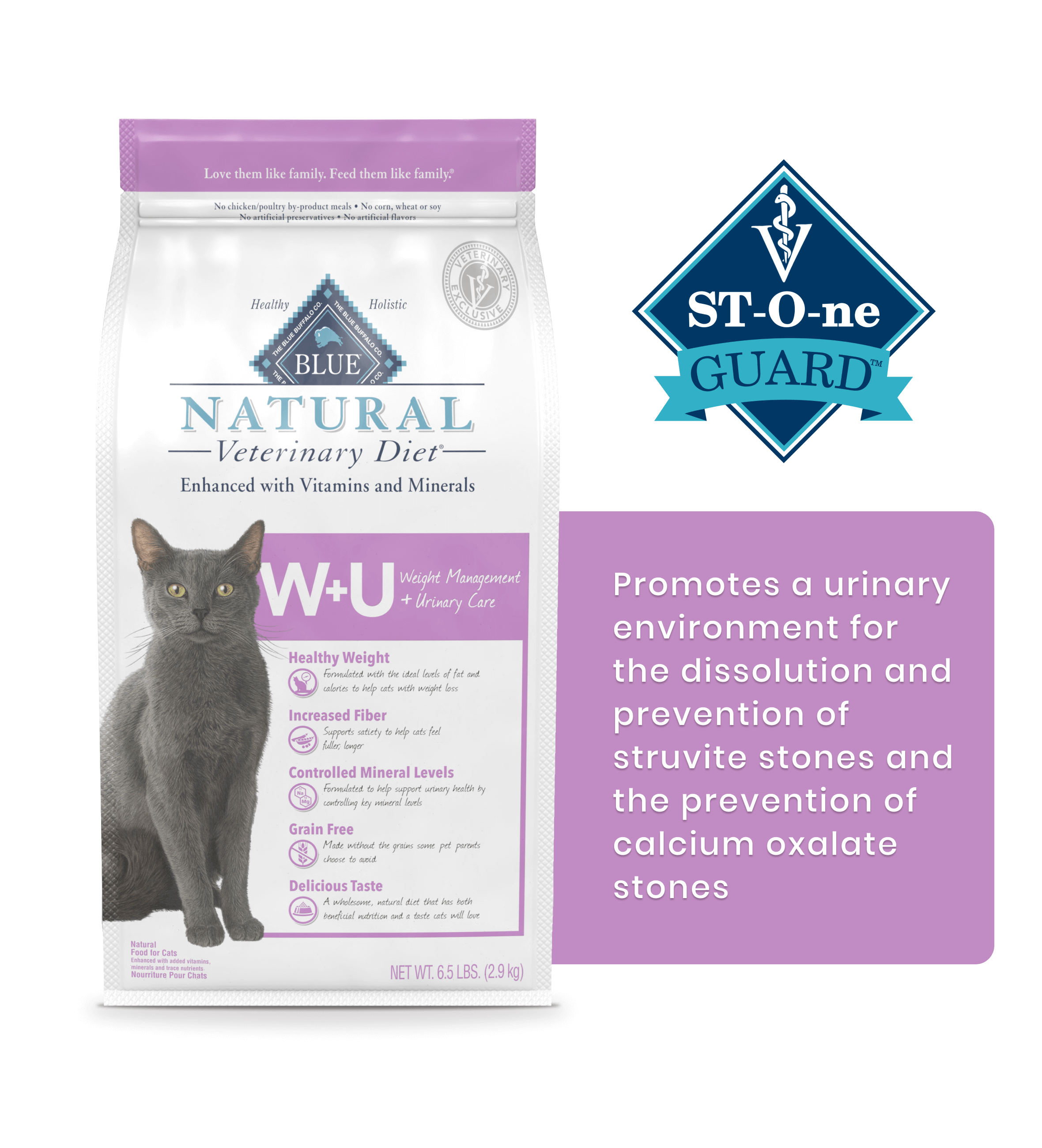 W+U Weight Management + Urinary Care St-O-ne Guard Promotes a urinary environment for the dissolution and prevention of struvite stones and the prevention of calcium oxalate stones