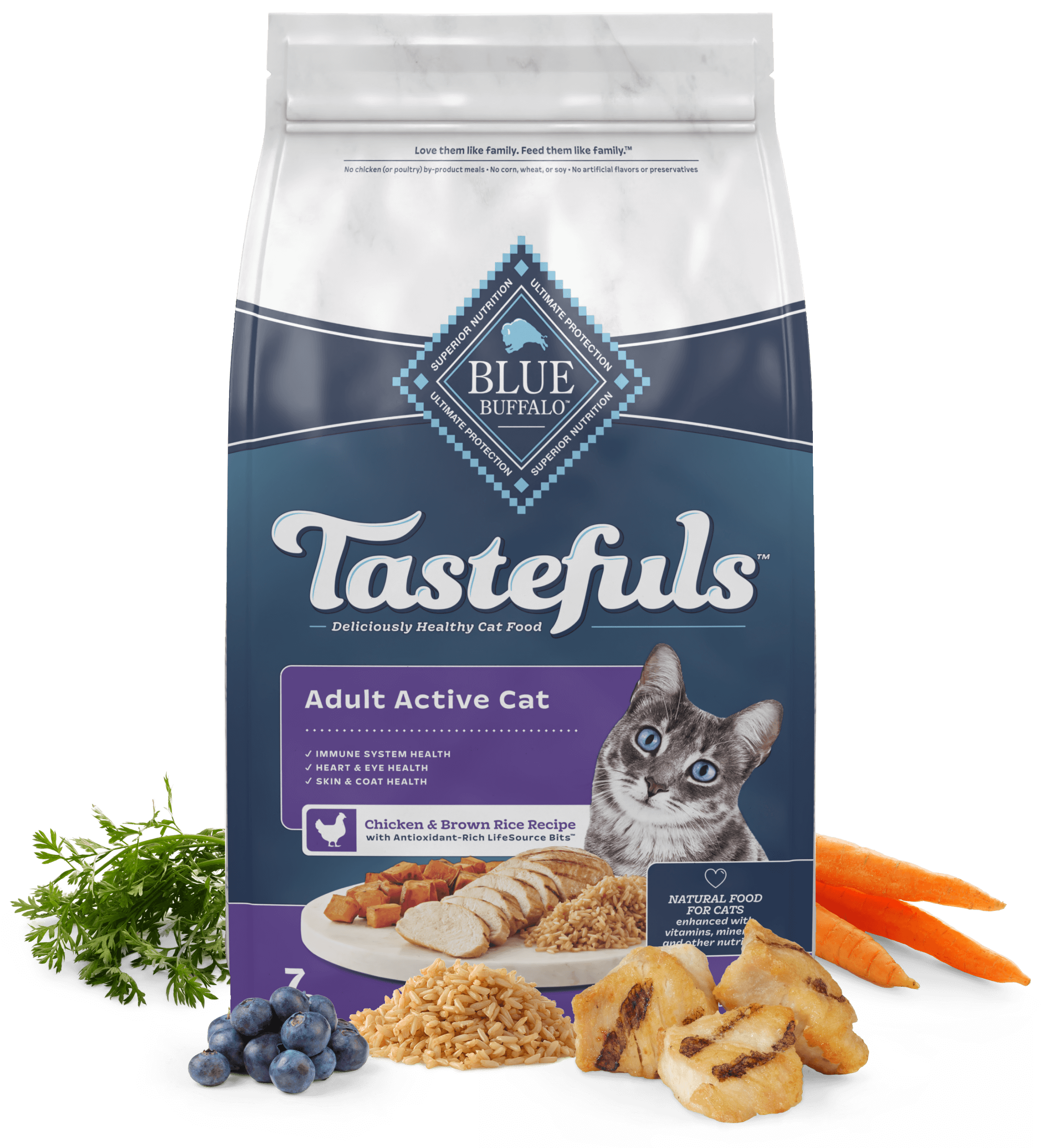 A bag of Blue Buffalo Tastefuls cat food, Adult Active Chicken & Brown Rice Recipe, with images of fresh ingredients like carrots, greens, and chicken pieces in the foreground.