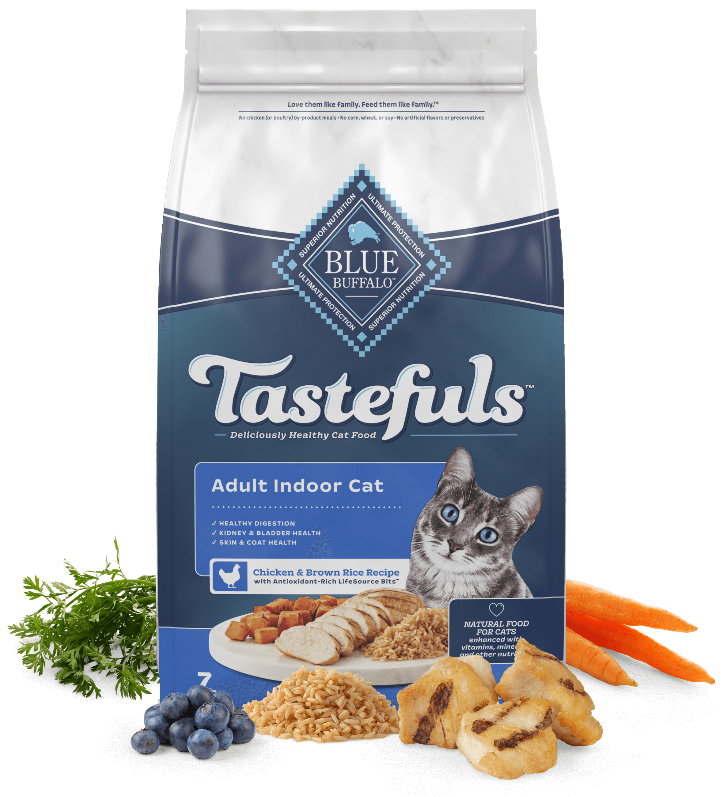 A bag of Blue Buffalo Tastefuls Adult Indoor Cat food, Chicken & Brown Rice Recipe, with images of fresh chicken, carrots, brown rice, and blueberries.