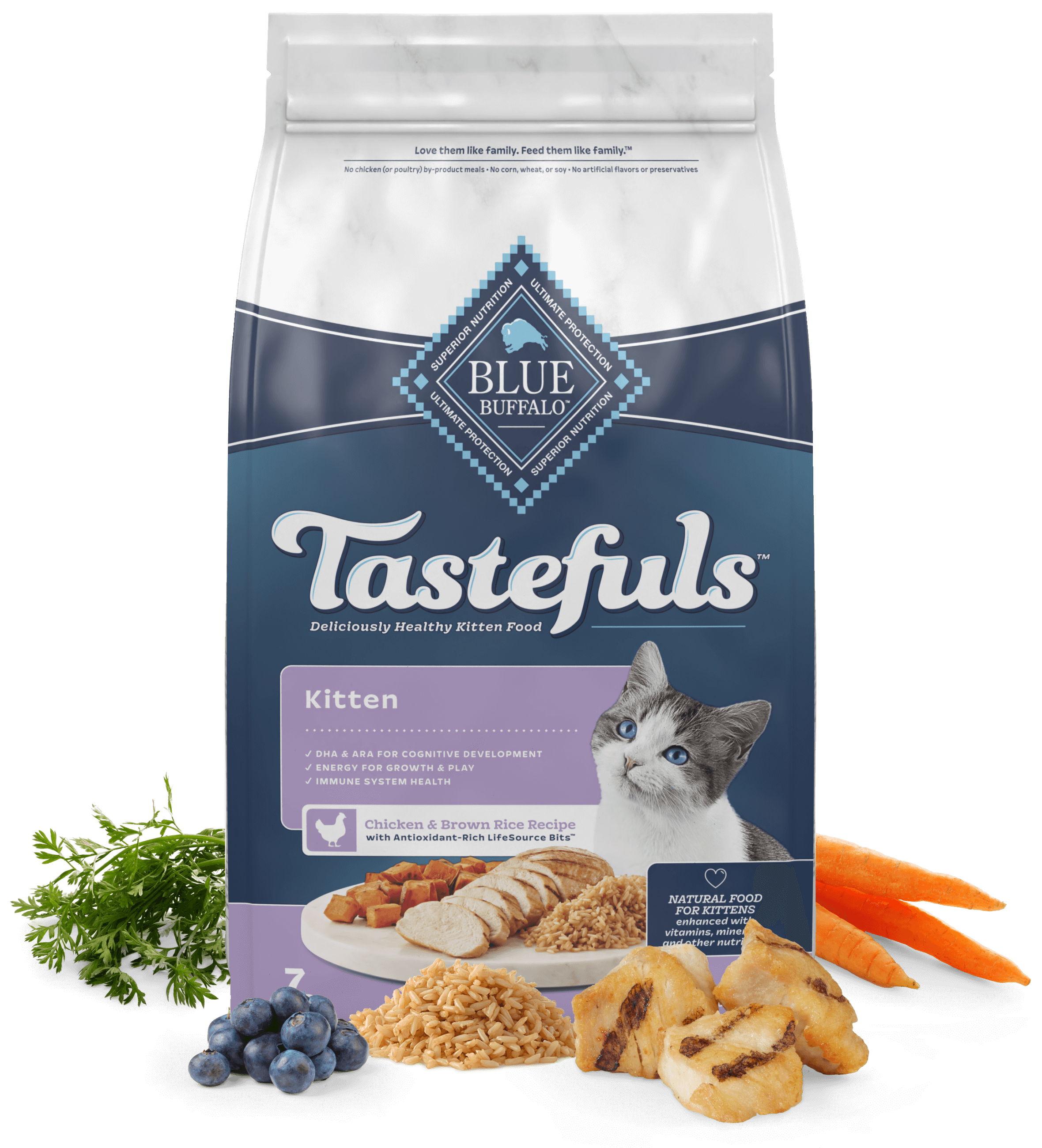 A bag of Blue Buffalo Tastefuls kitten food with chicken & brown rice, surrounded by ingredients like carrots and blueberries.