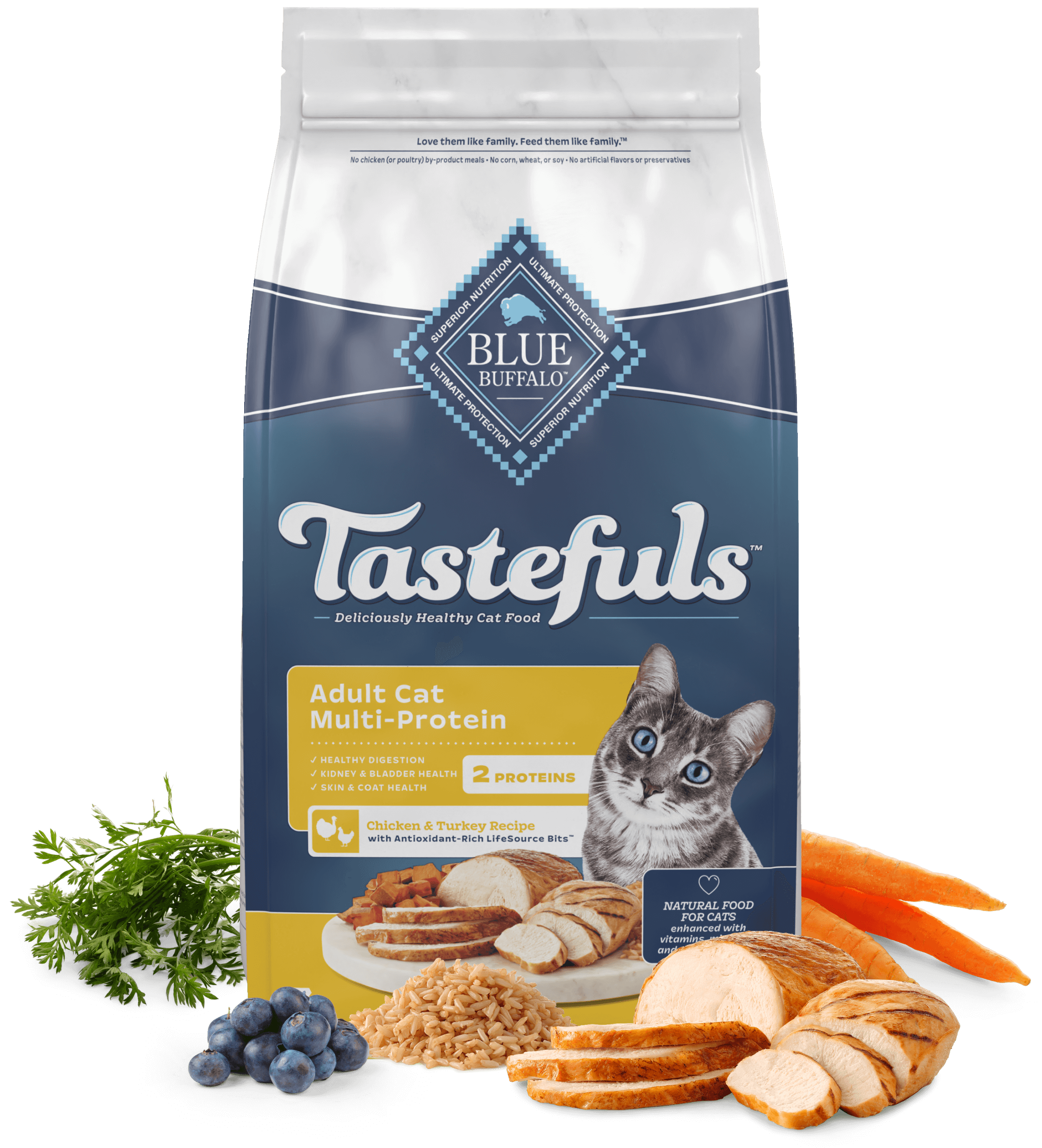 Blue Tastefuls Adult Cat Multi-Protein Chicken & Turkey Recipe, featuring chicken and carrots along with other high-quality ingredients, provides a nutritious and delicious meal to support feline health and enjoyment.