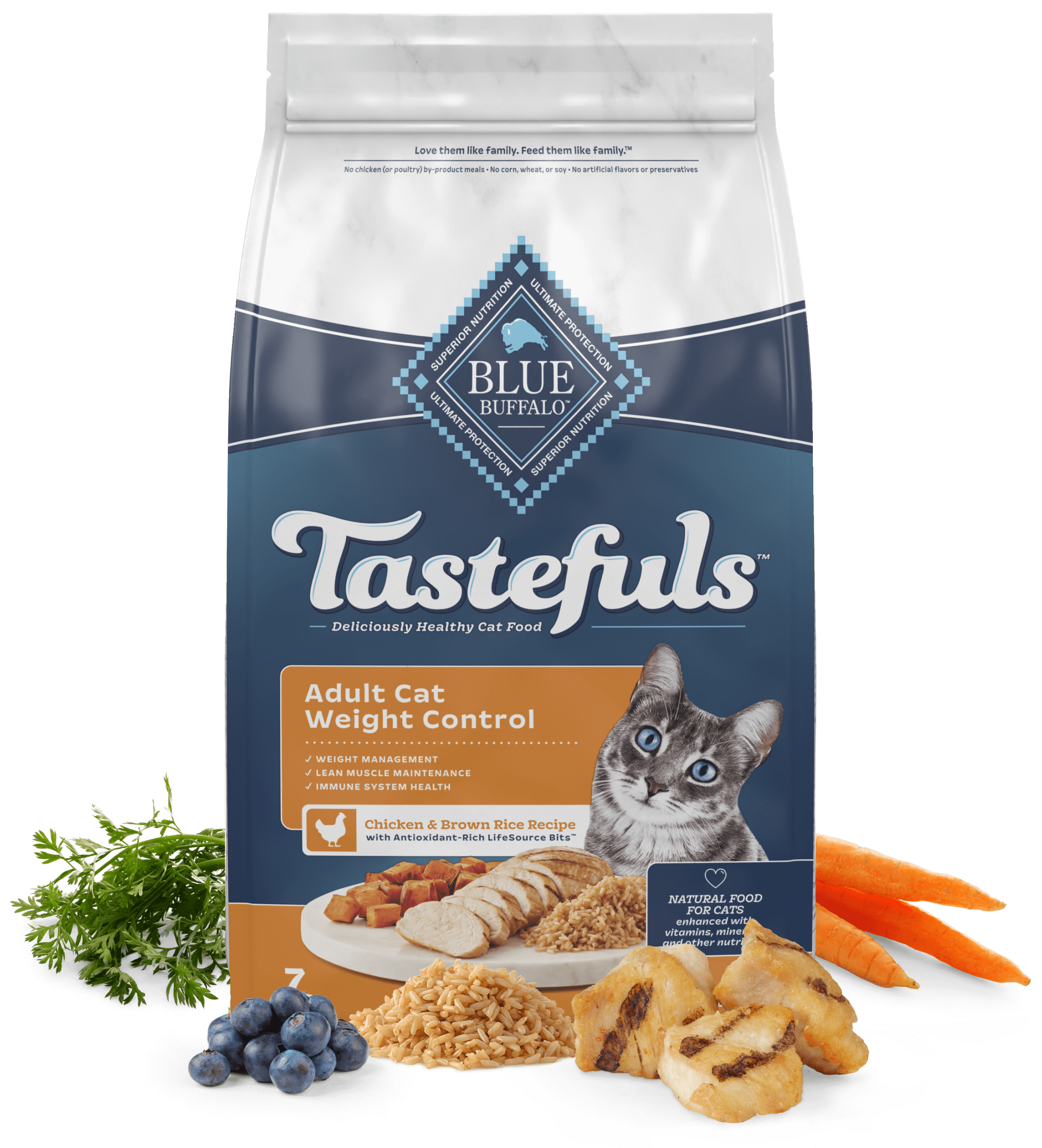 A package of Blue Buffalo Adult Cat Weight Control Chicken & Brown Rice Recipe cat food with images of fresh ingredients alongside.