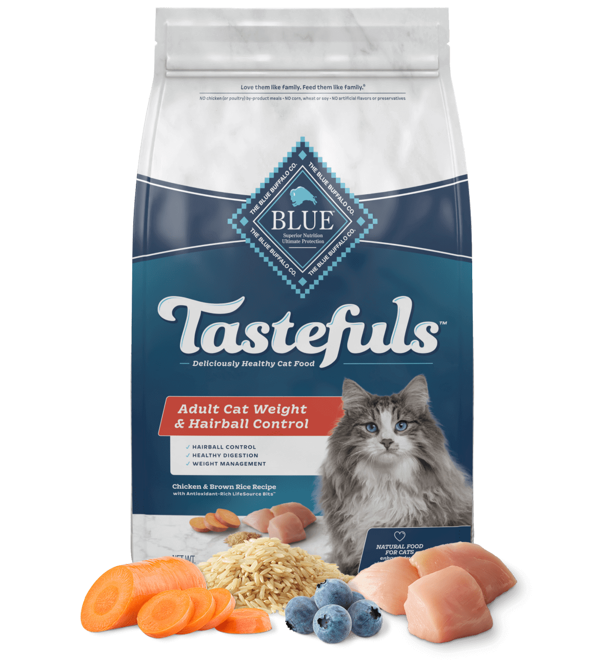 blue tastefuls indoor hairball &amp; weight control adult chicken &amp; brown rice recipe cat dry food