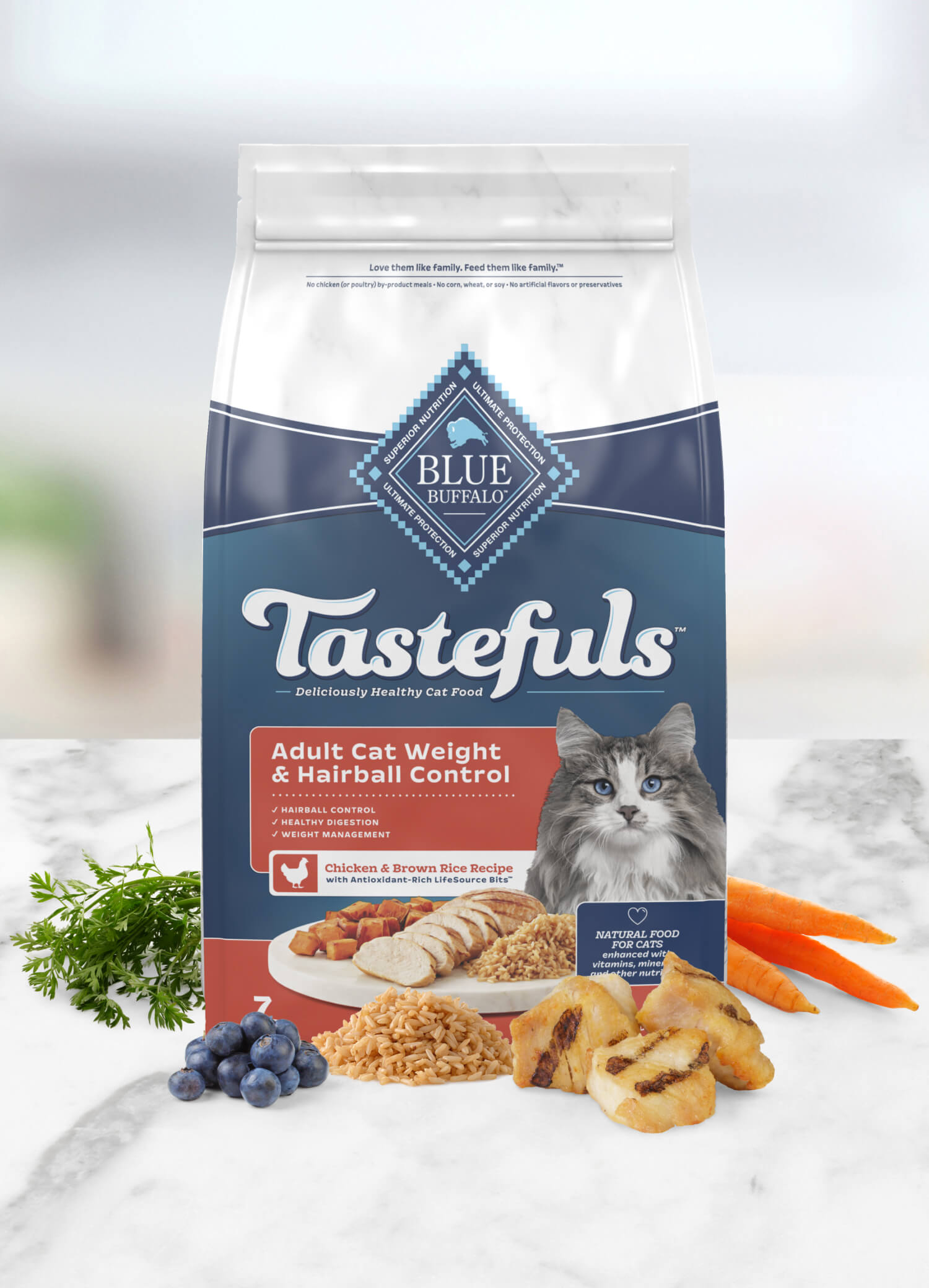 Blue Buffalo Tastefuls cat food bag for adult weight and hairball control, chicken and brown rice recipe, with images of fresh ingredients and a grey cat.