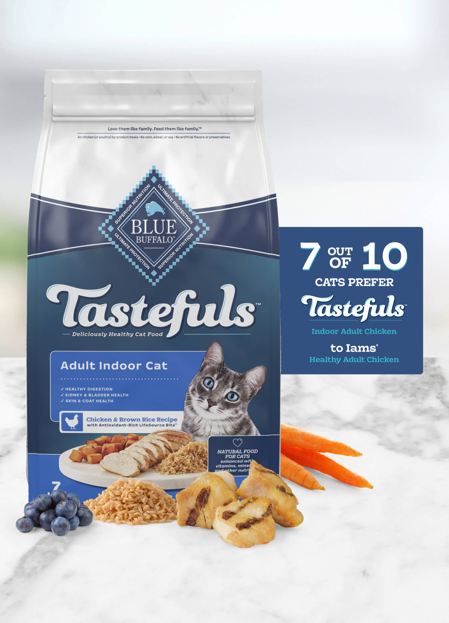 Blue Buffalo Tastefuls Adult Indoor Cat food bag, chicken and brown rice recipe. 7 out of 10 cats prefer Tastefuls to Iams.