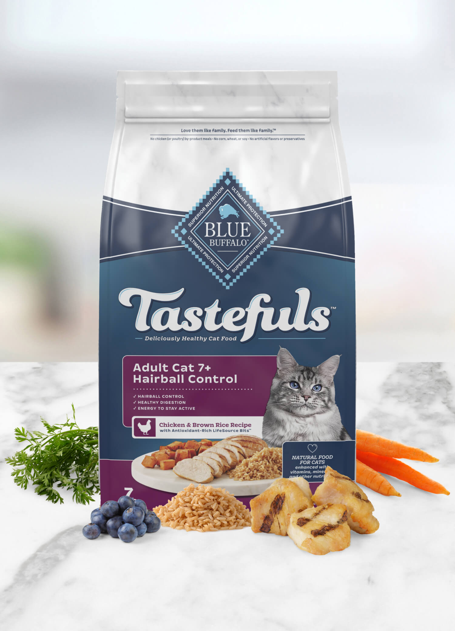 A bag of Blue Buffalo Tastefuls cat food for adult cat 7+, featuring chicken and brown rice recipe, shown with fresh ingredients.