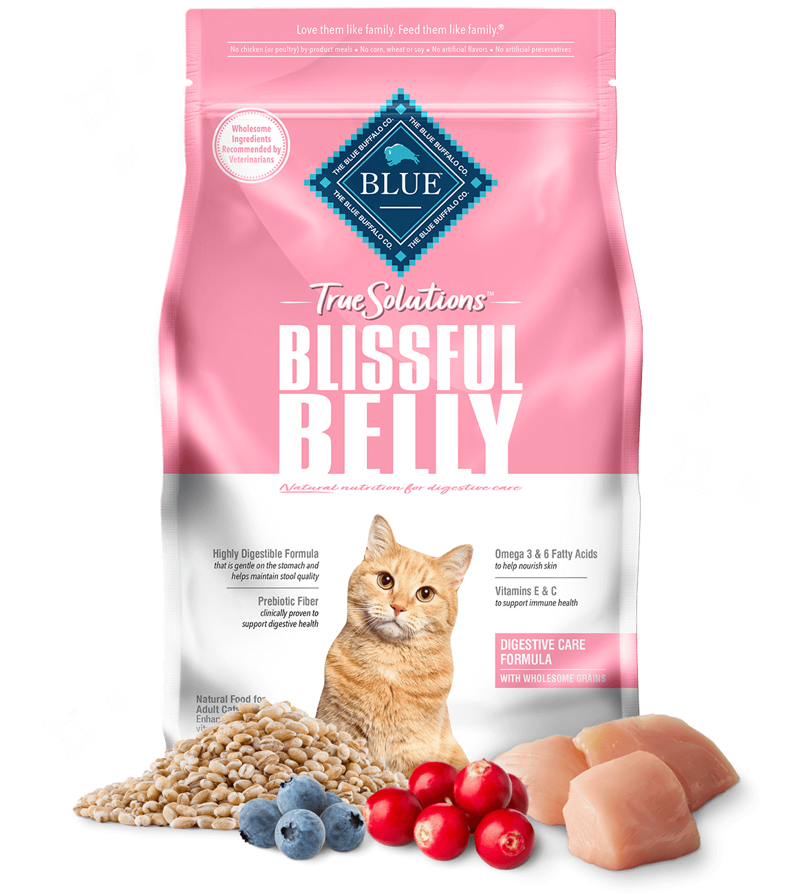bag of True Solution Blissful Belly dry cat food with ingredients