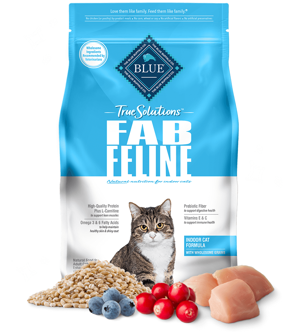 bag of True Solution Fab Feline dry cat food with ingredients