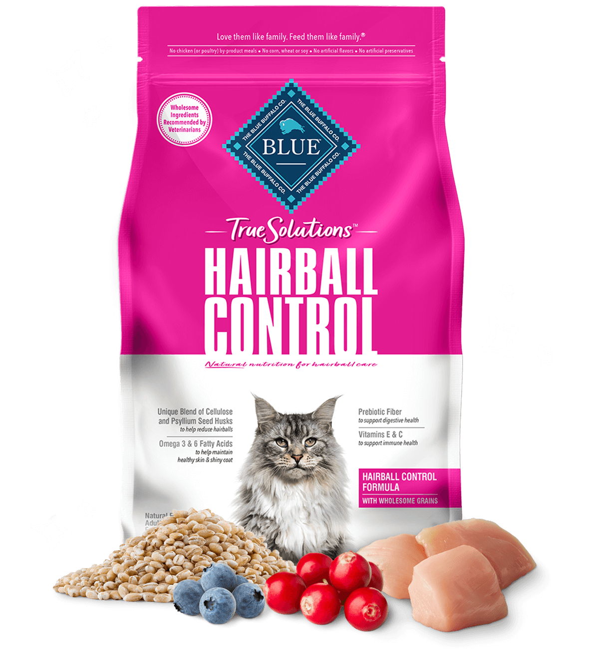 bag of True Solution Hairball dry cat food with ingredients