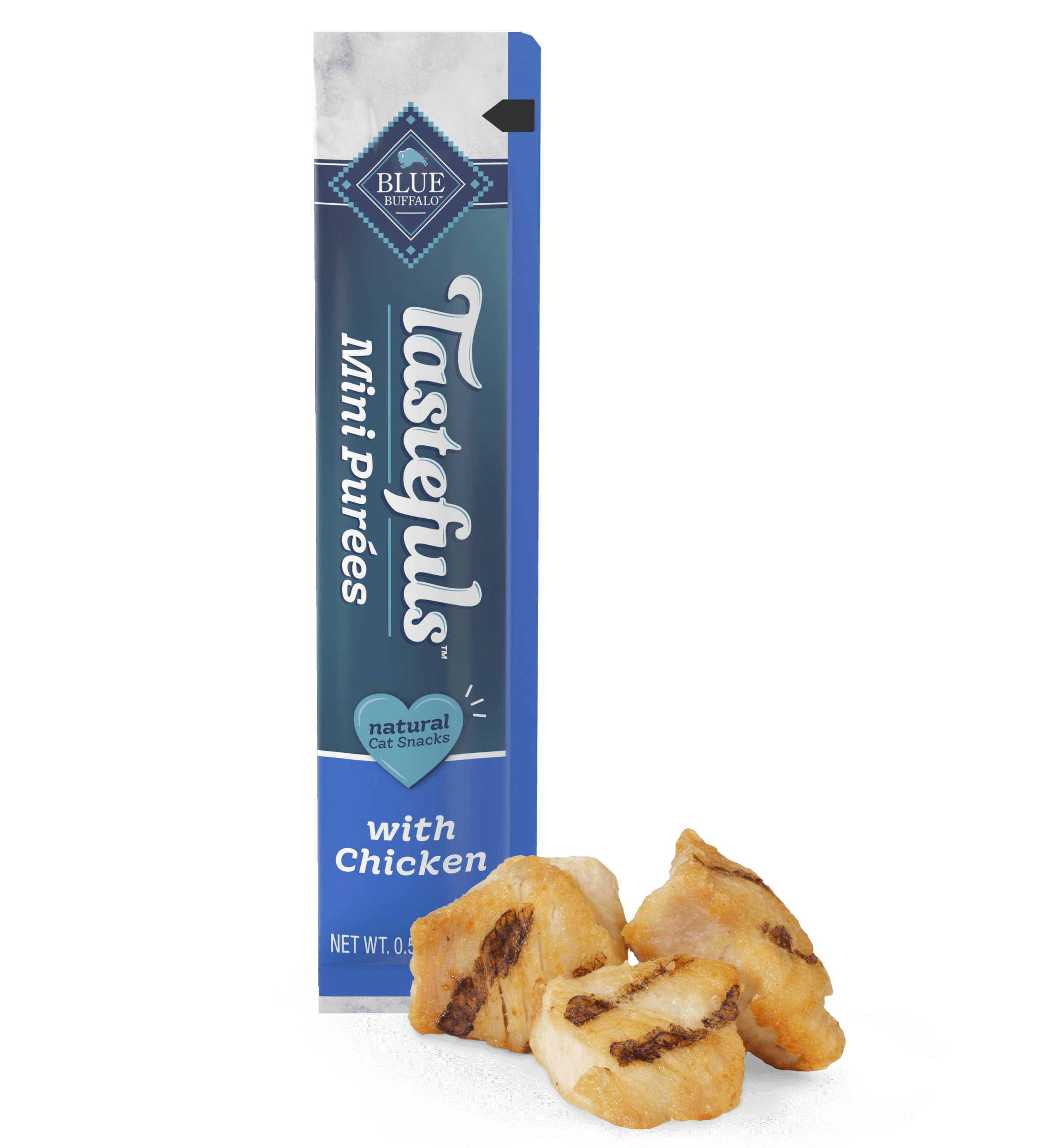 A tube of BLUE Tastefuls Mini Purees and chunks of grilled chicken are on a kitchen counter