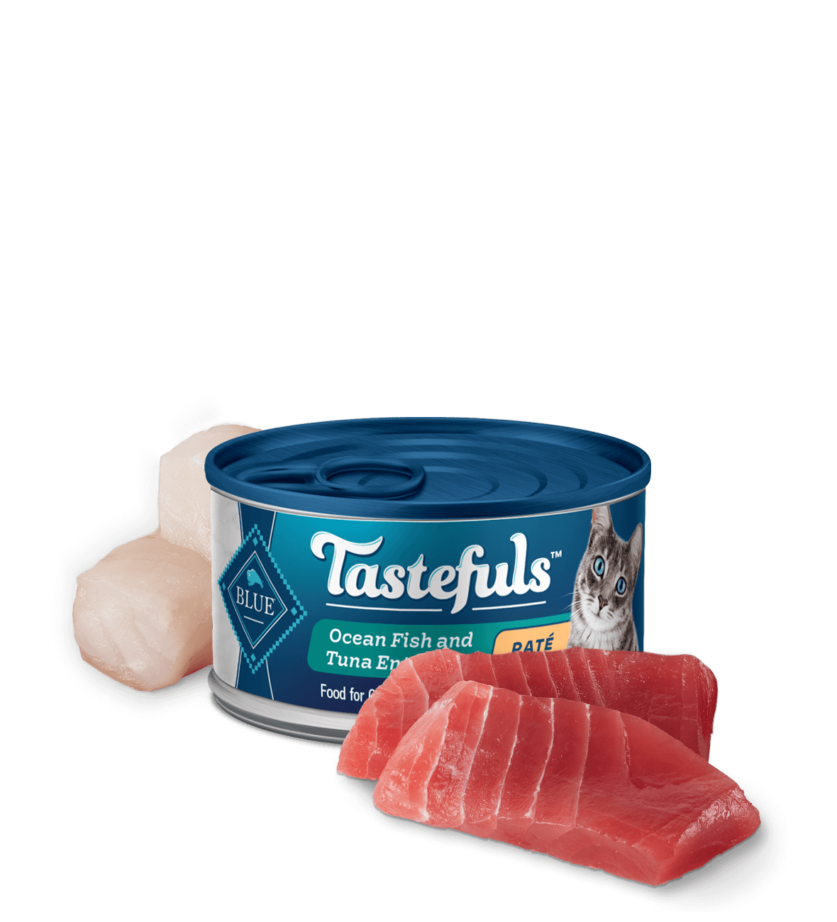 can of Tastefuls Fish Pate Adult wet cat food with ingredients