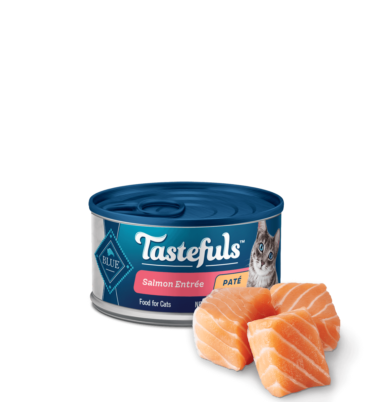 can of Tastefuls Salmon Pate Adult wet cat food with ingredient