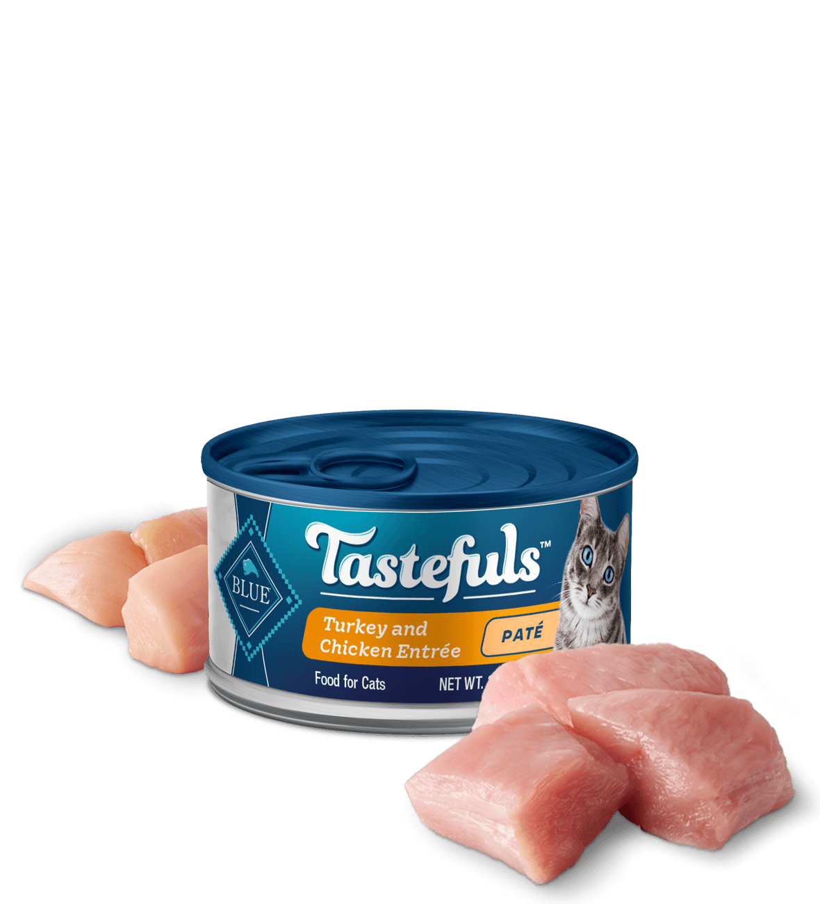 can of Tastefuls Turkey Pate Adult wet cat food with ingredients