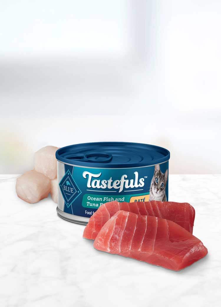can of Tastefuls Fish Pate Adult wet cat food with ingredients