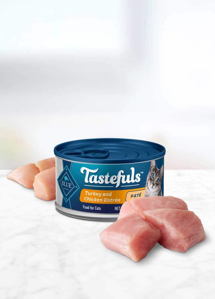 can of Tastefuls Turkey Pate Adult wet cat food with ingredients