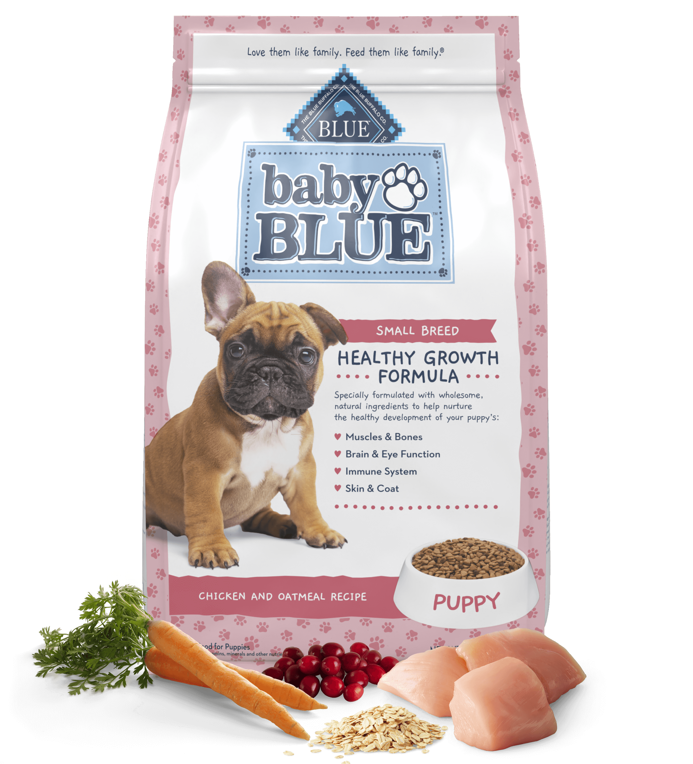 A bag of BLUE Baby BLUE Healthy Growth Formula Chicken and Oatmeal Recipe for Small Breed Puppies dry food