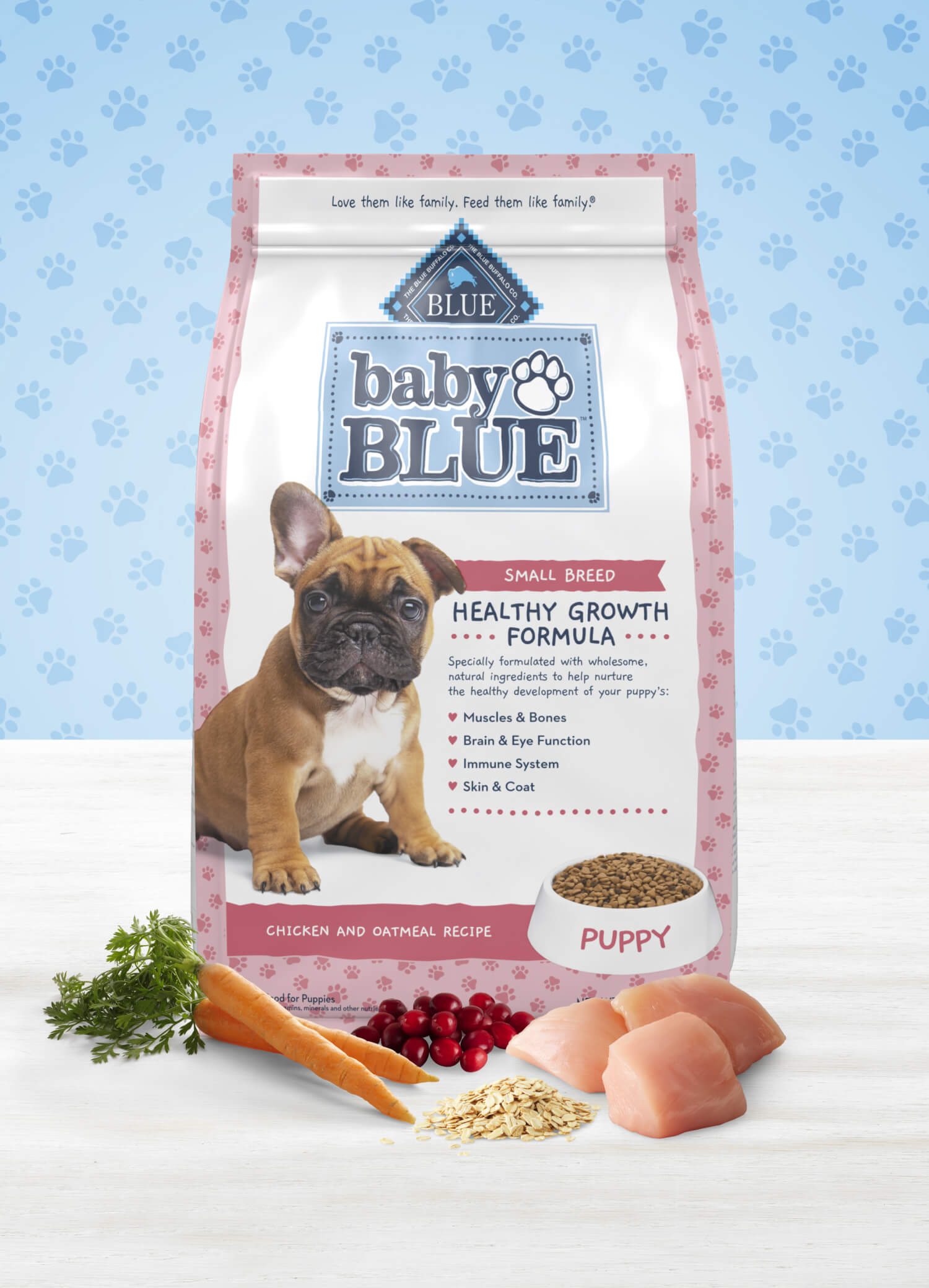 A bag of BLUE Baby BLUE Healthy Growth Formula Chicken and Oatmeal Recipe for Small Breed Puppies dry food