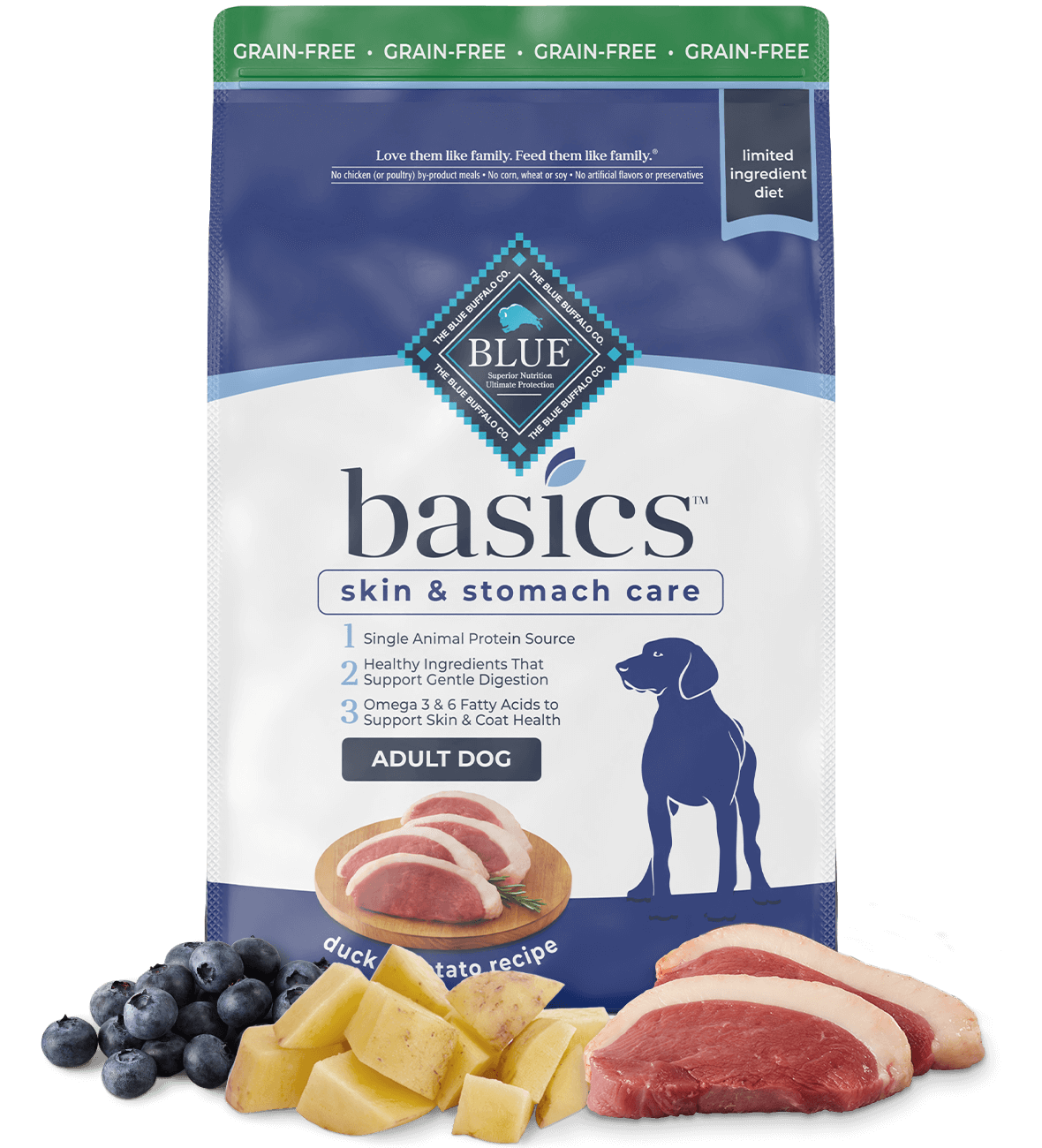 blue basics adult grain-free duck & potato recipe dog dry food