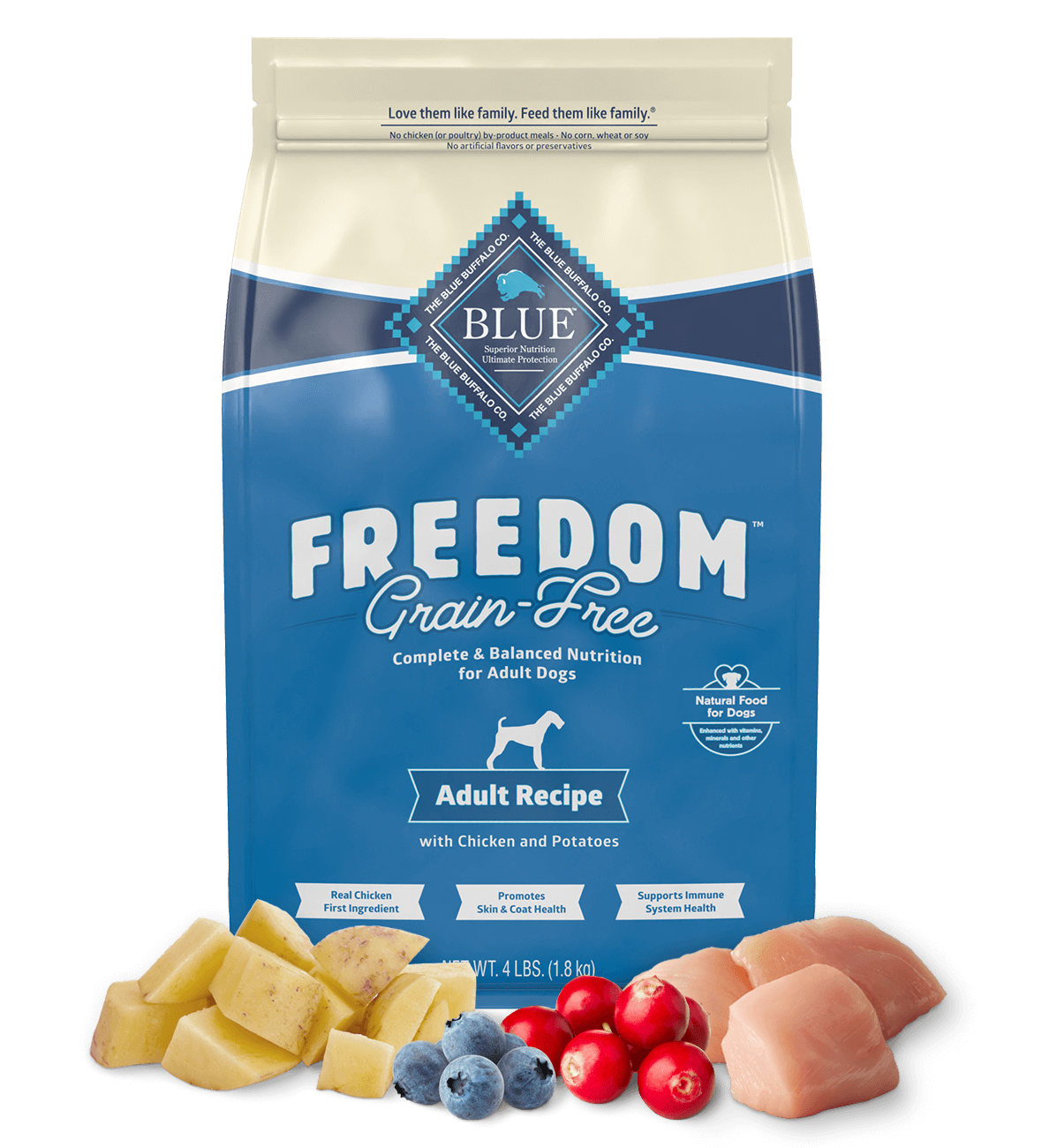 blue freedom grain-free adult chicken recipe dog dry food