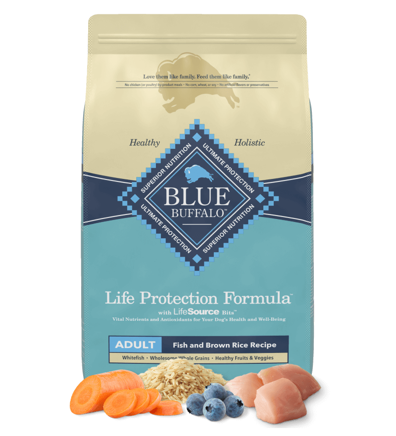 Blue Buffalo Life Protection Formula for Adult Dog, Fish and Brown rice recipe; front of package with assortment of fresh ingredients