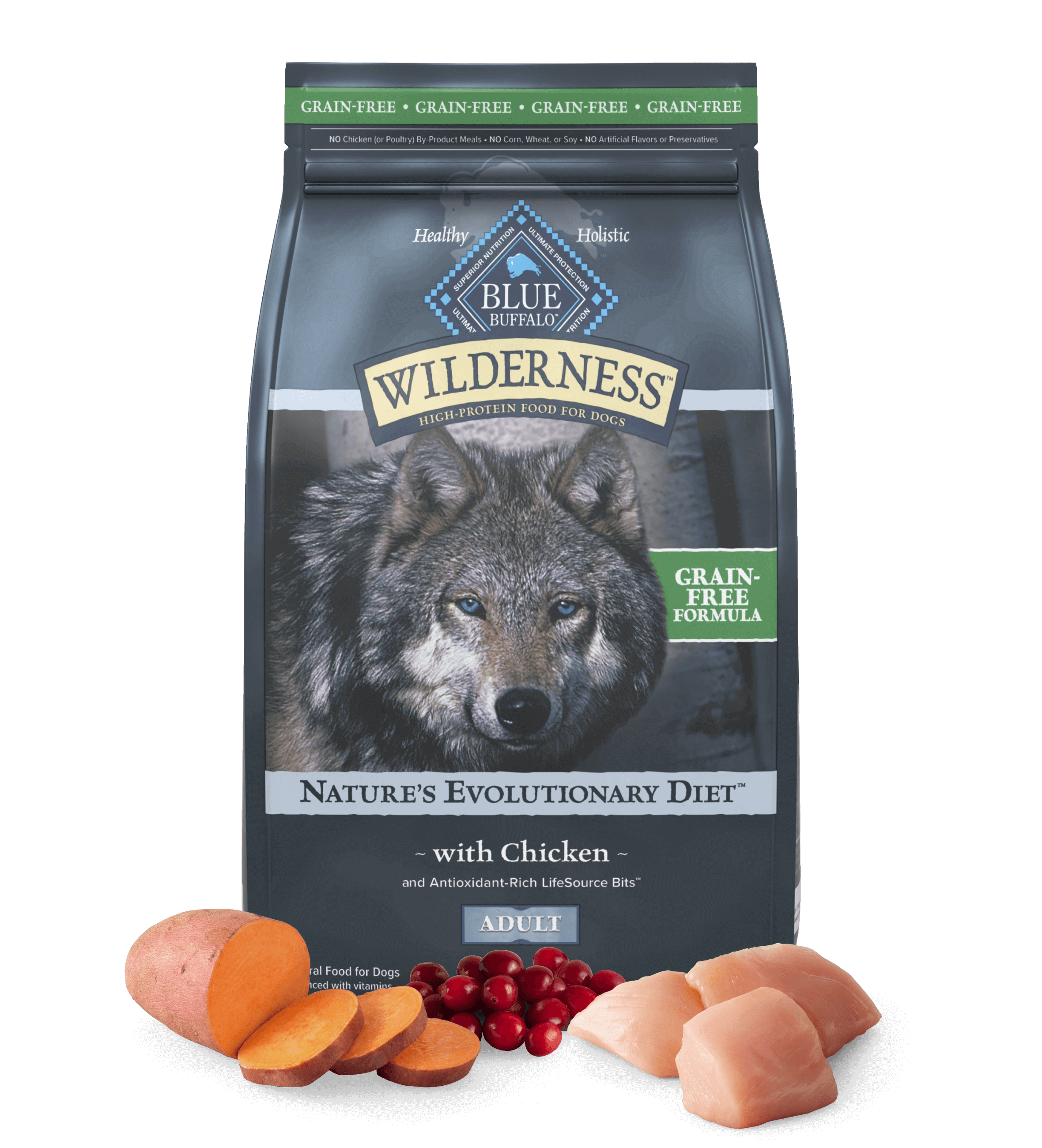 A bag of Wilderness Nature’s Evolutionary Diet with Chicken and LifeSource Bits Adult Dog – Grain-Free dog dry food