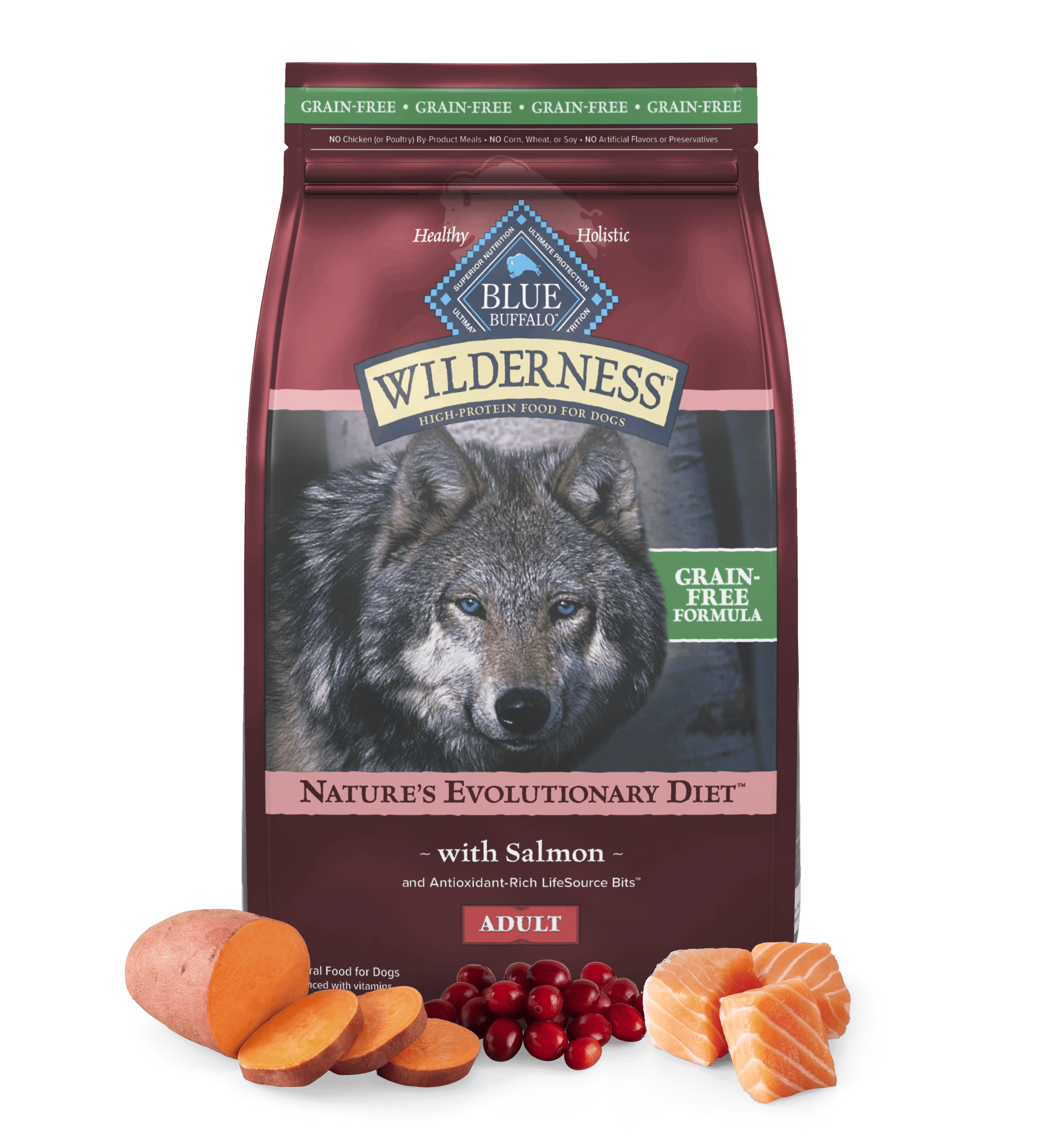 A bag of Wilderness Nature’s Evolutionary Diet with Salmon and LifeSource Bits  Adult Dog – Grain-Free dog dry food