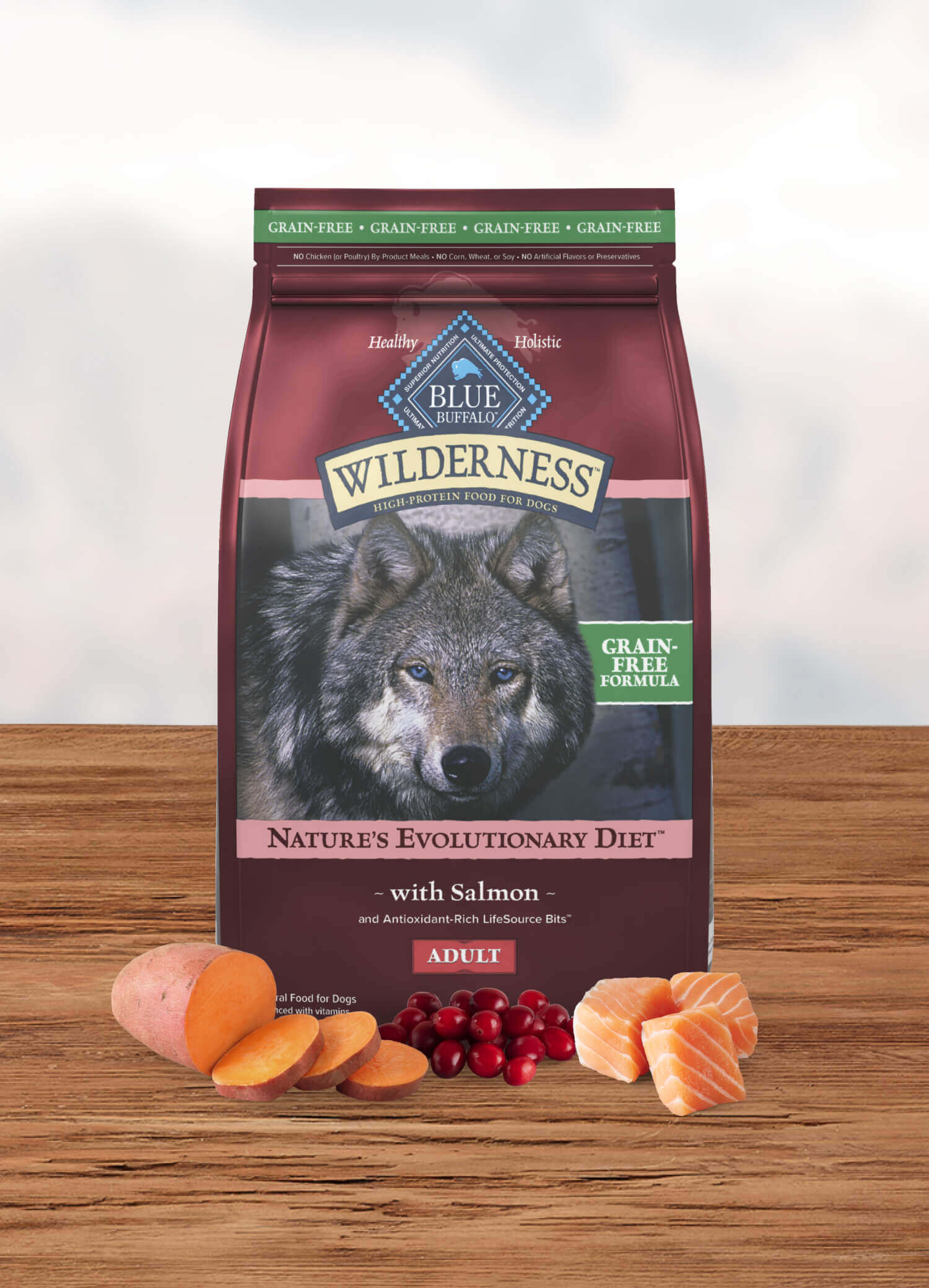 A bag of Wilderness Nature’s Evolutionary Diet with Salmon and LifeSource Bits  Adult Dog – Grain-Free dog dry food
