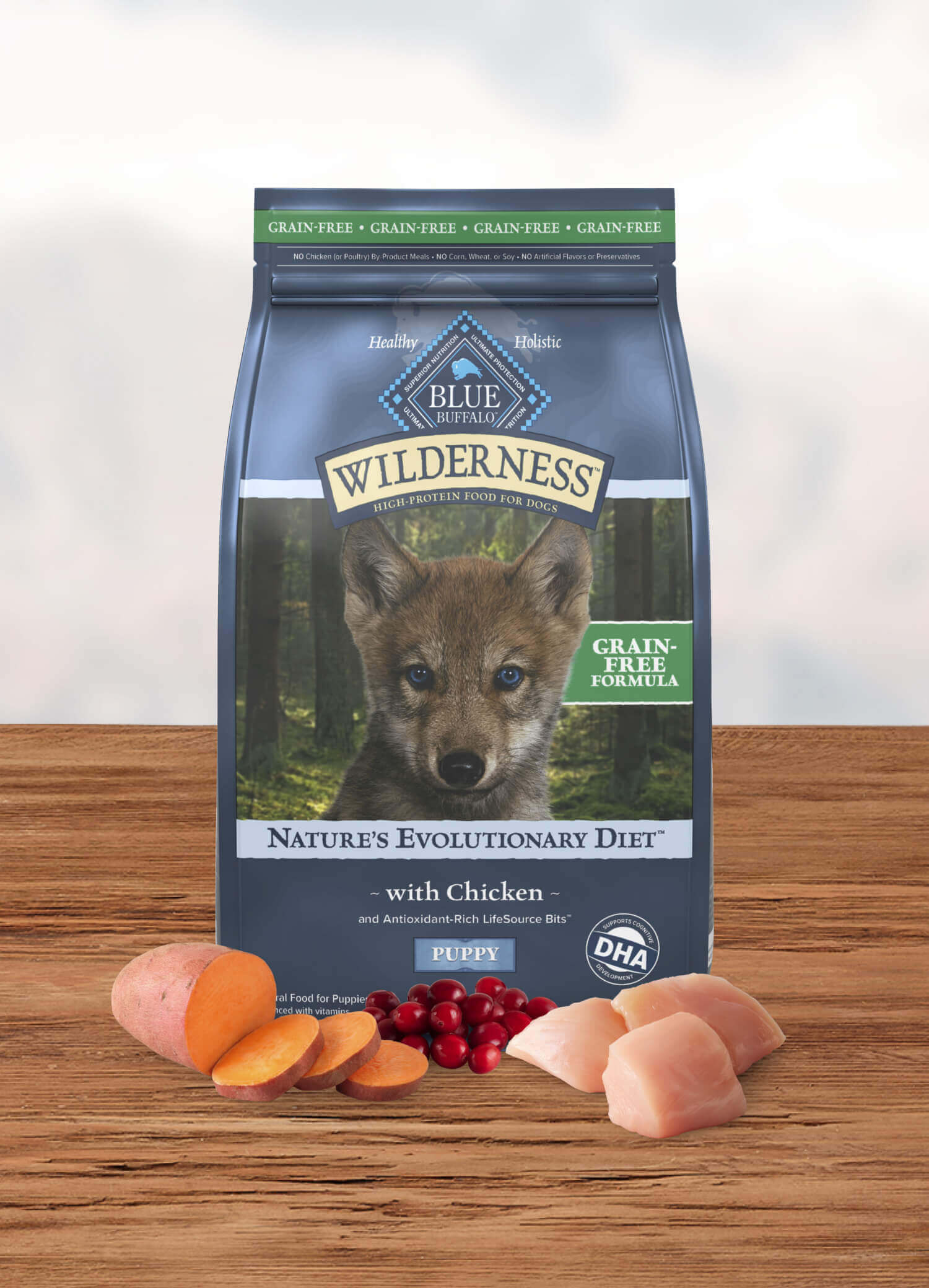 A bag of Wilderness Nature’s Evolutionary Diet with Chicken and LifeSource Bits Puppy – Grain-Free dog dry food