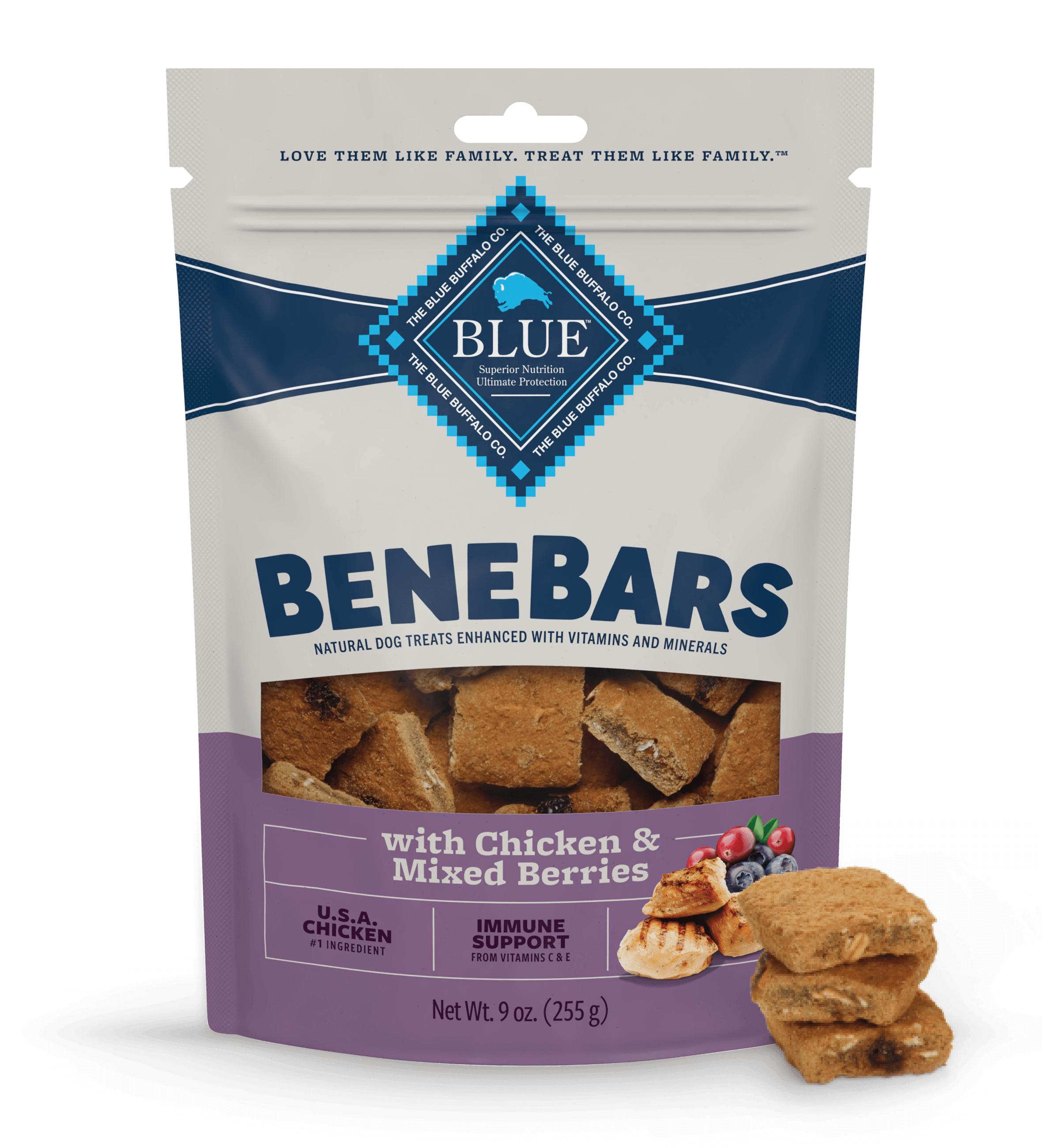 blue benebars avec poulet et petits fruits chien gateries