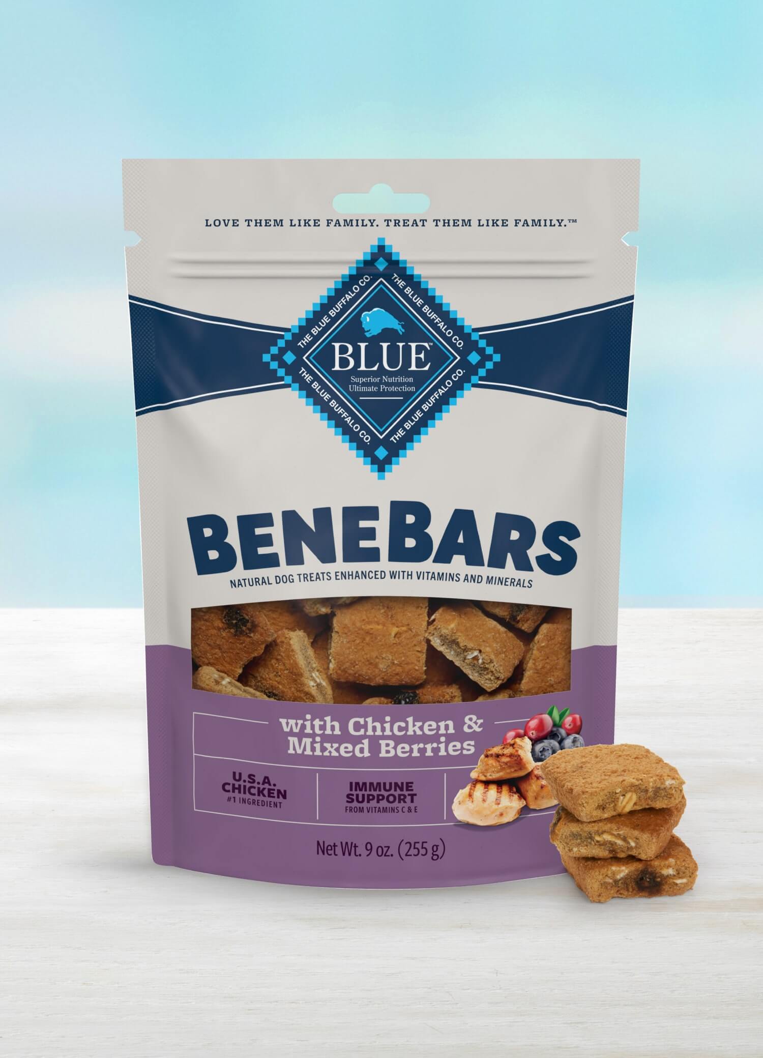 blue benebars avec poulet et petits fruits chien gateries