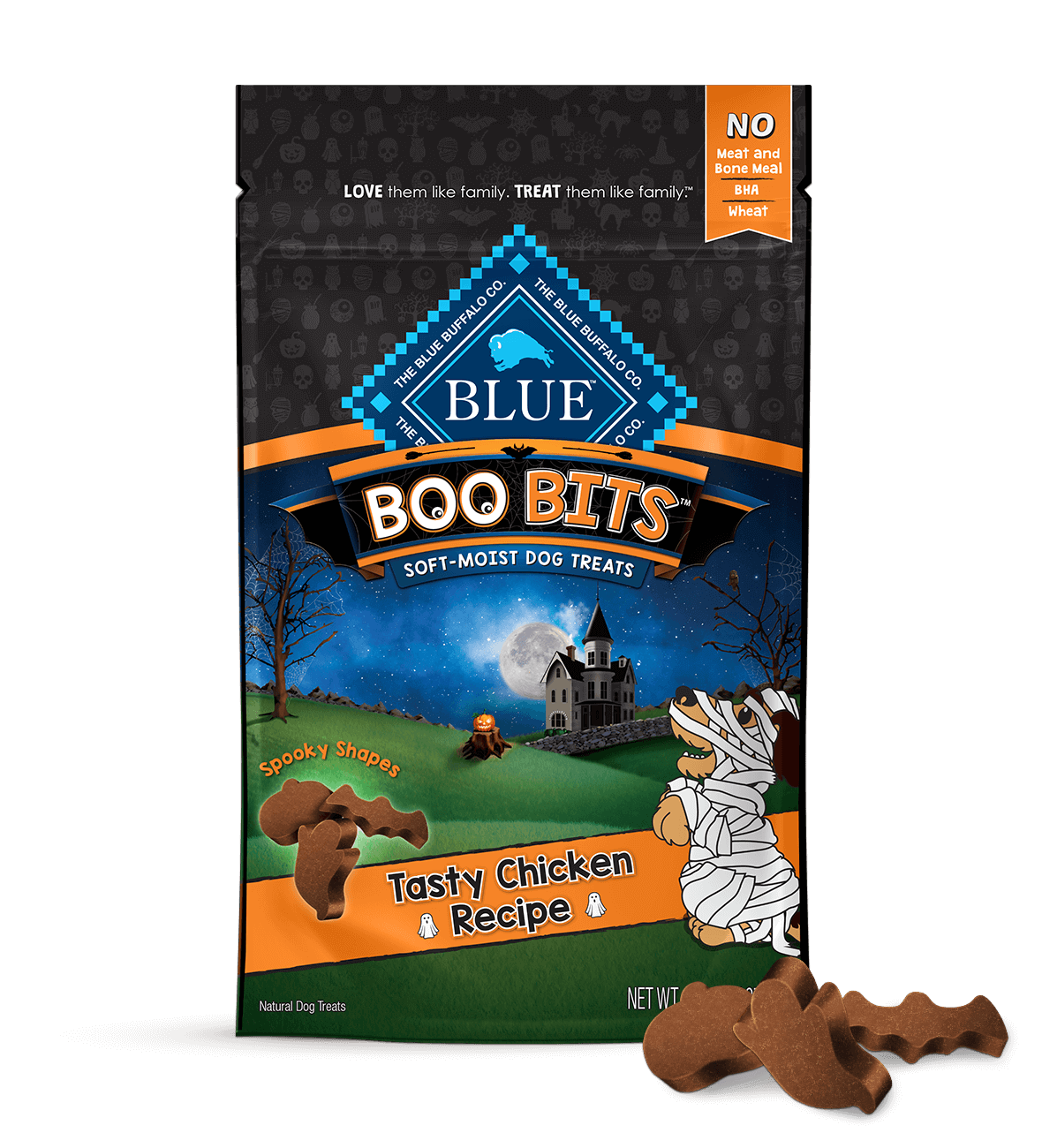 blue boo bits tasty, soft treats in fun halloween shapes dog treats