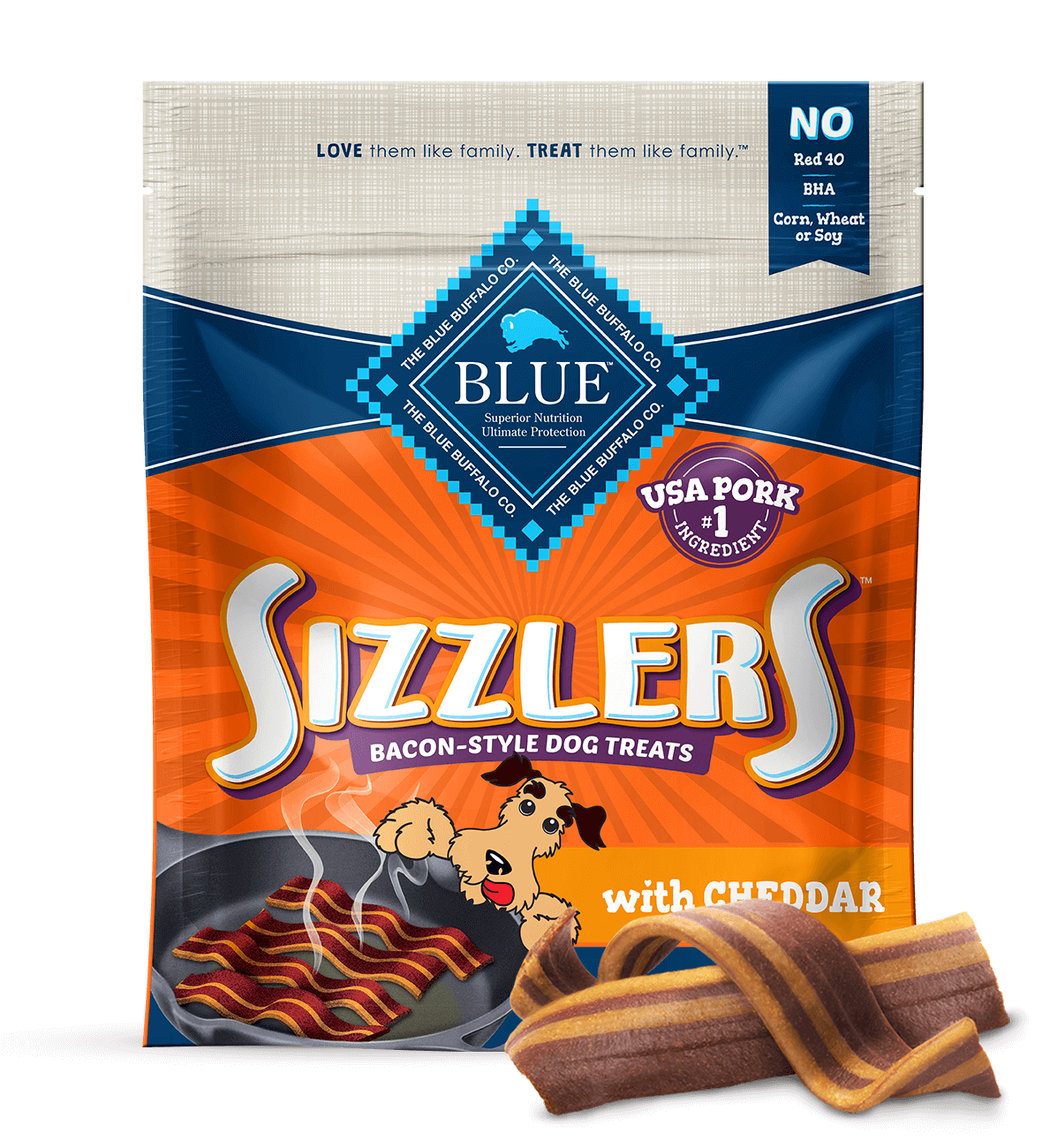 blue sizzlers bacon-style dog treats with cheddar dog treats