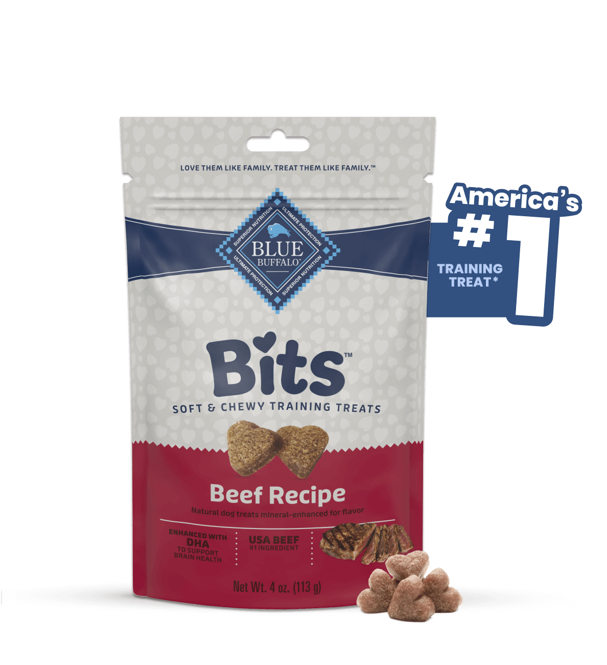Bag of Bits Beef Recipe dog training treats labeled "#1 Training Treat" with treats shown in front.