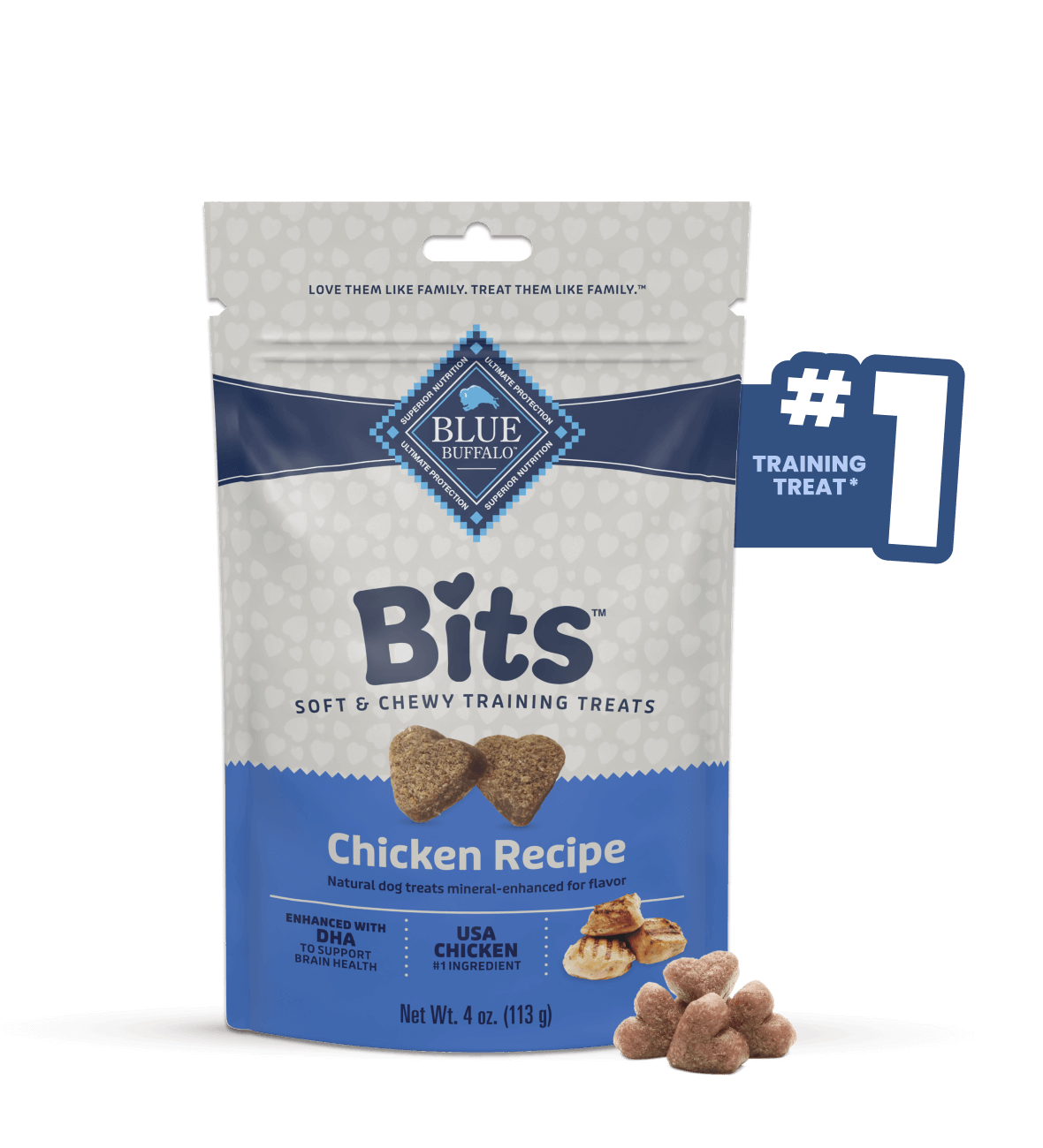 Blue Buffalo Bits Tasty Chicken Soft & Chewy Training Treats, #1 choice for training treats, providing tasty bites for rewarding your dog.